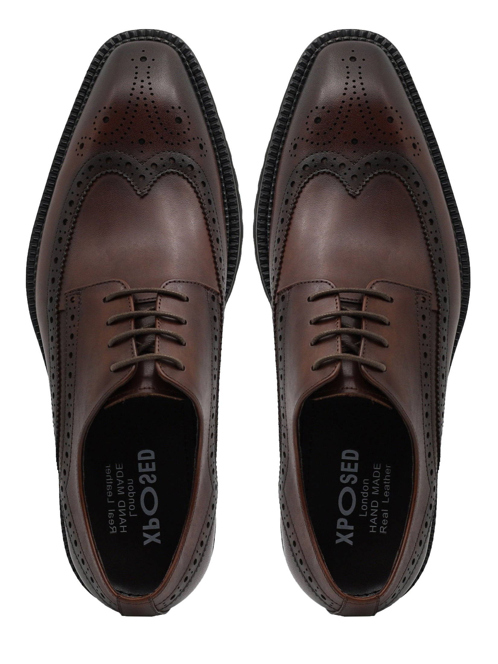 BROWN LEATHER DERBY LACE-UP SEMI BROGUE SHOES