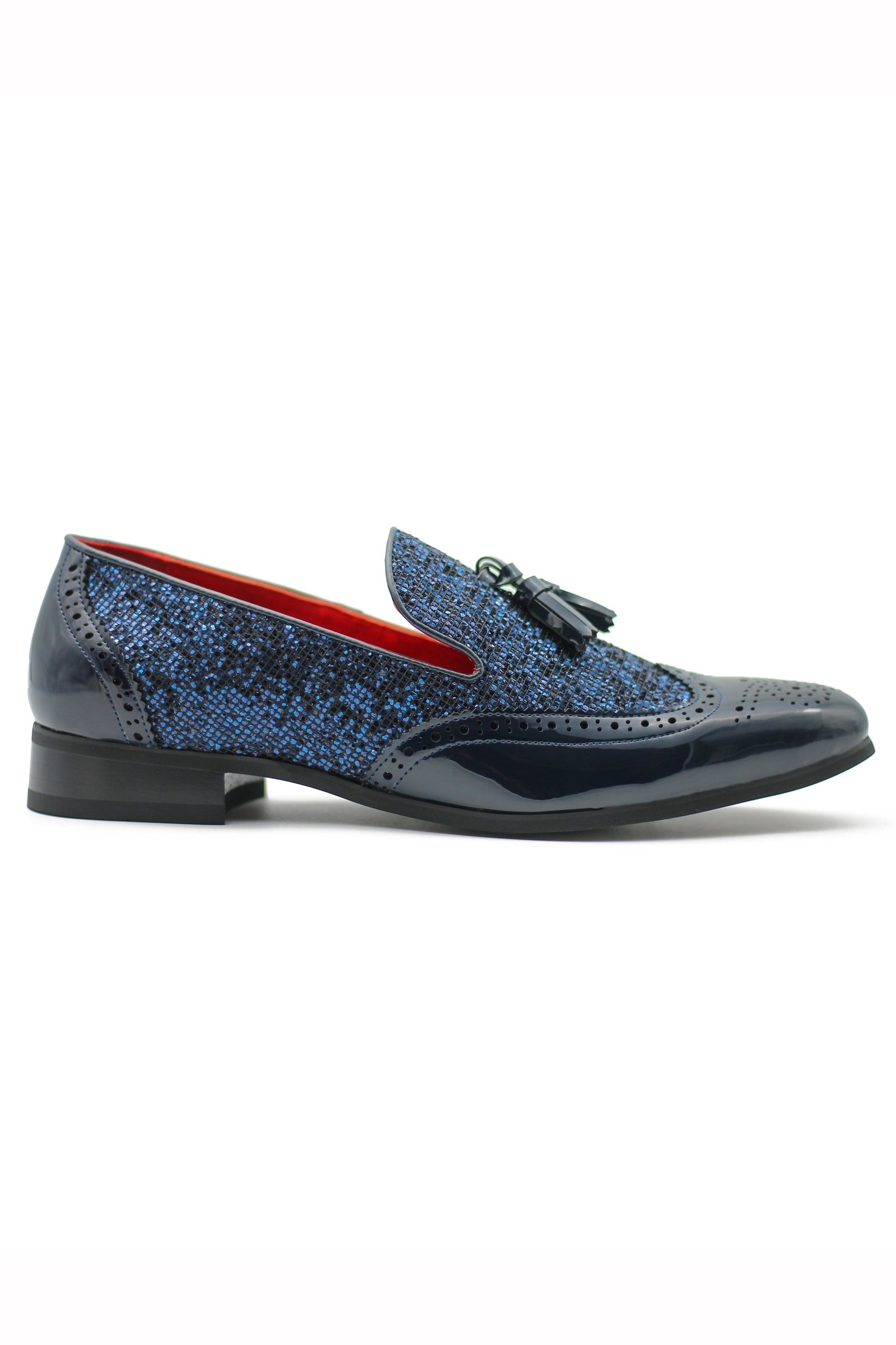 NAVY FAUX PATENT LEATHER SHINY GLITTER PARTY TASSEL LOAFER