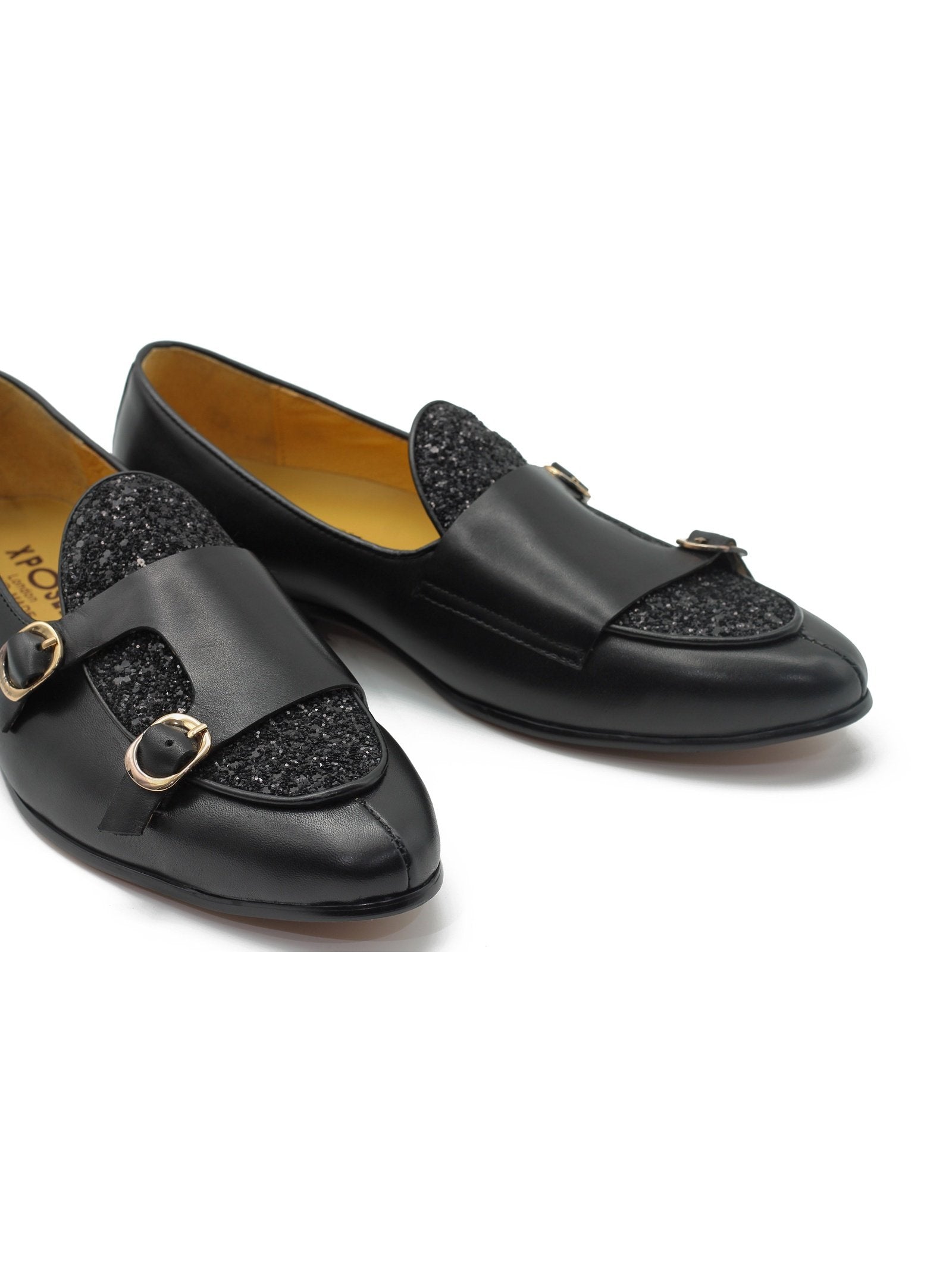 BLACK SHINY GLITTER DOUBLE MONK SHOES