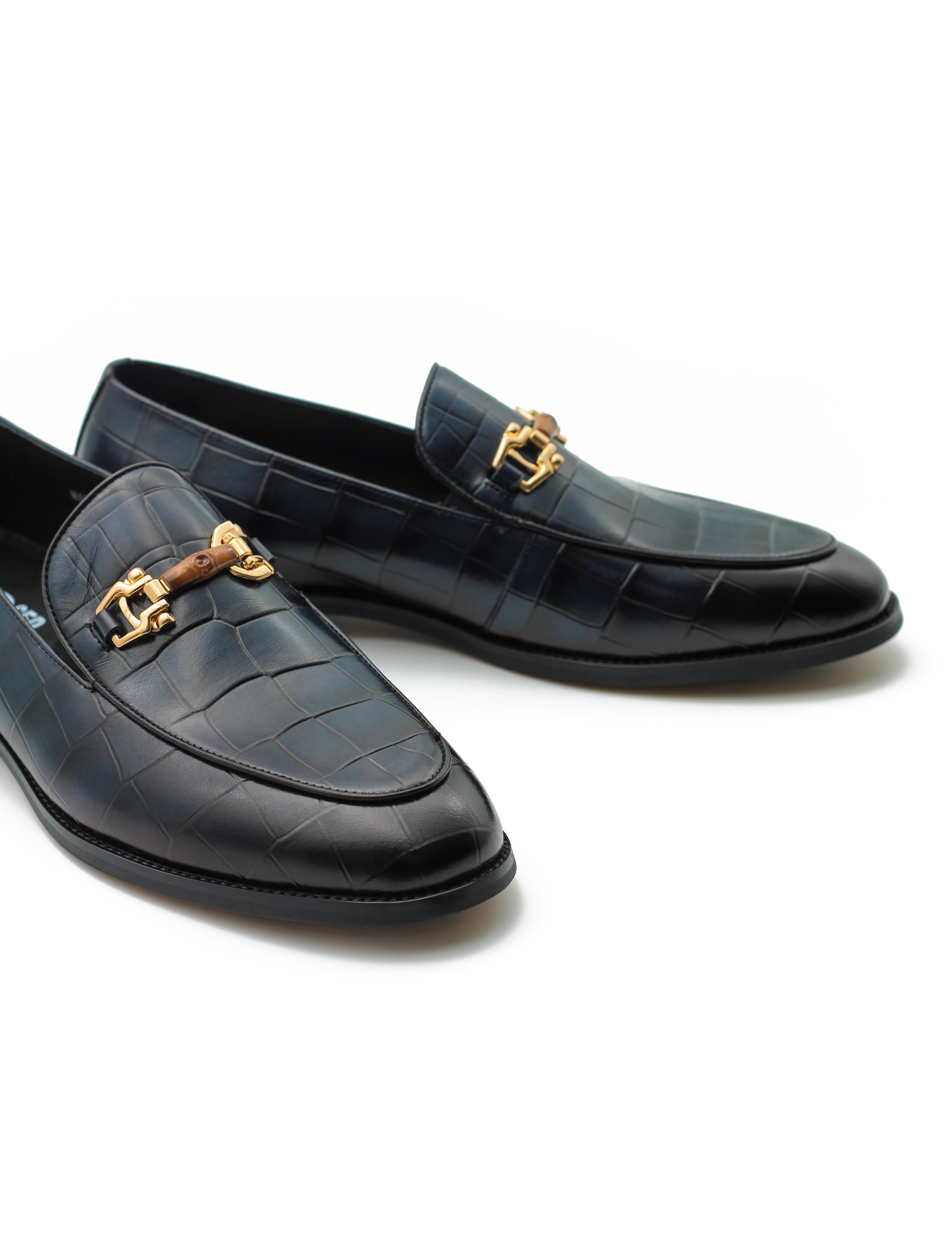 NAVY PRINTED GOLD BUCKLE LOAFERS