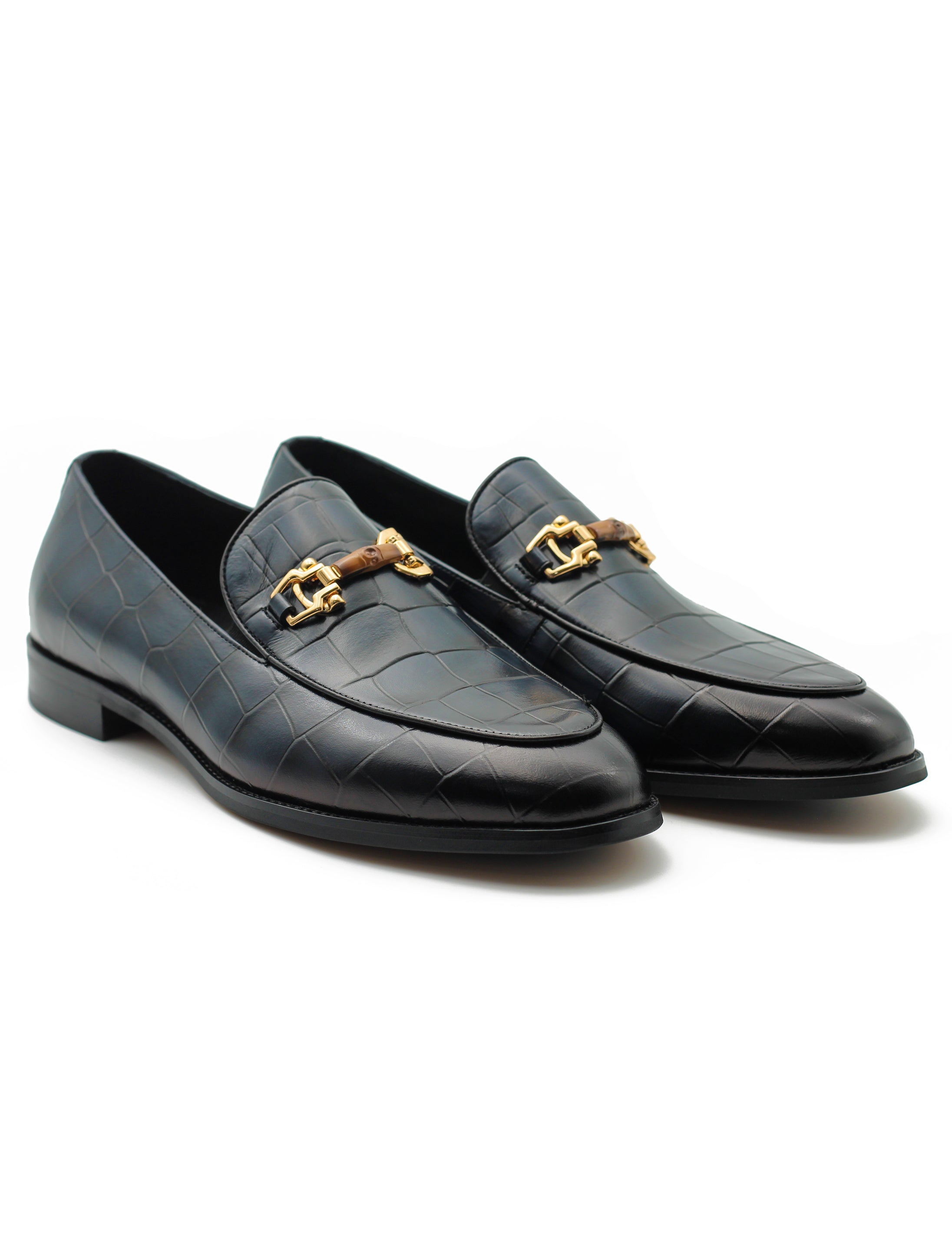 NAVY PRINTED GOLD BUCKLE LOAFERS
