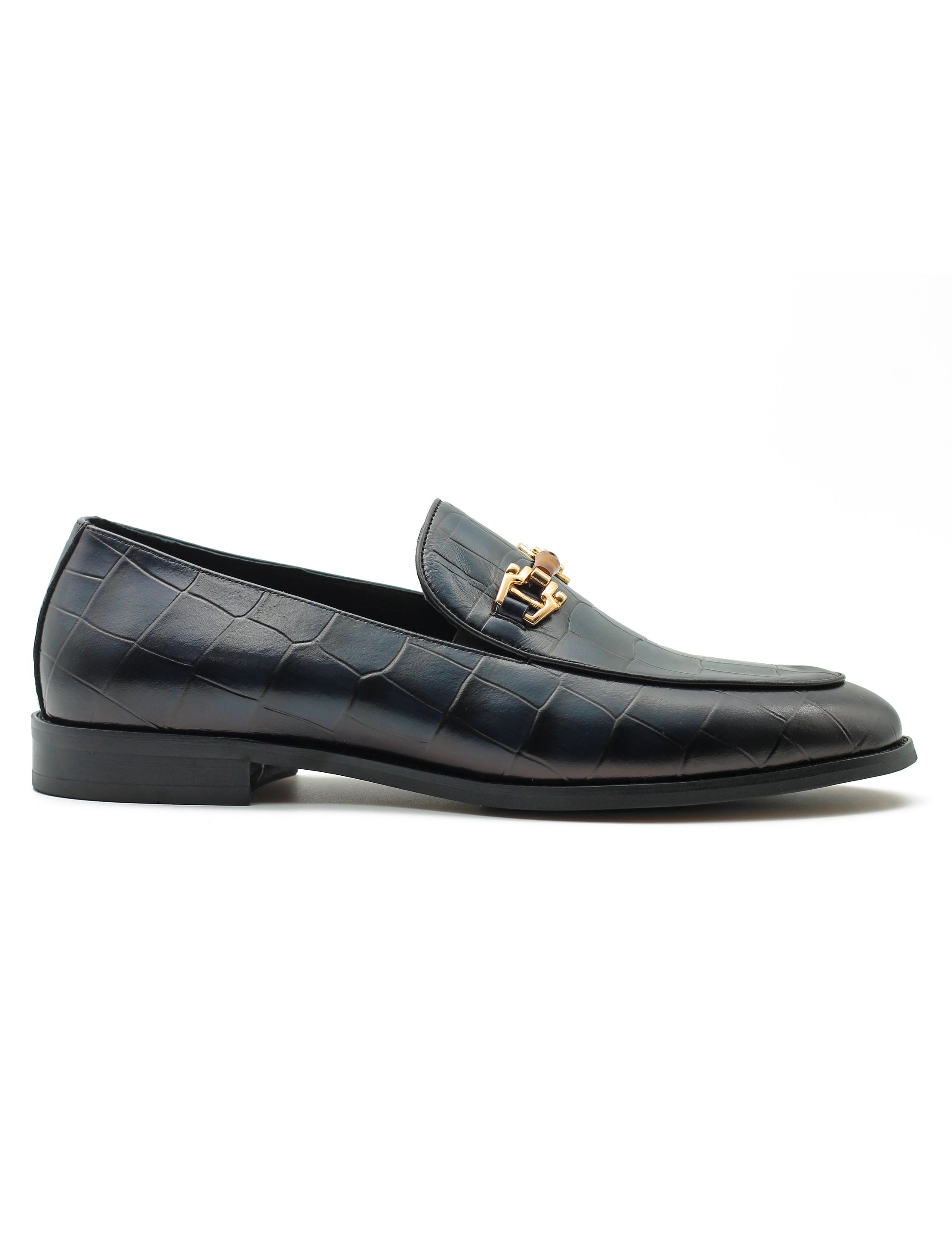 NAVY PRINTED GOLD BUCKLE LOAFERS