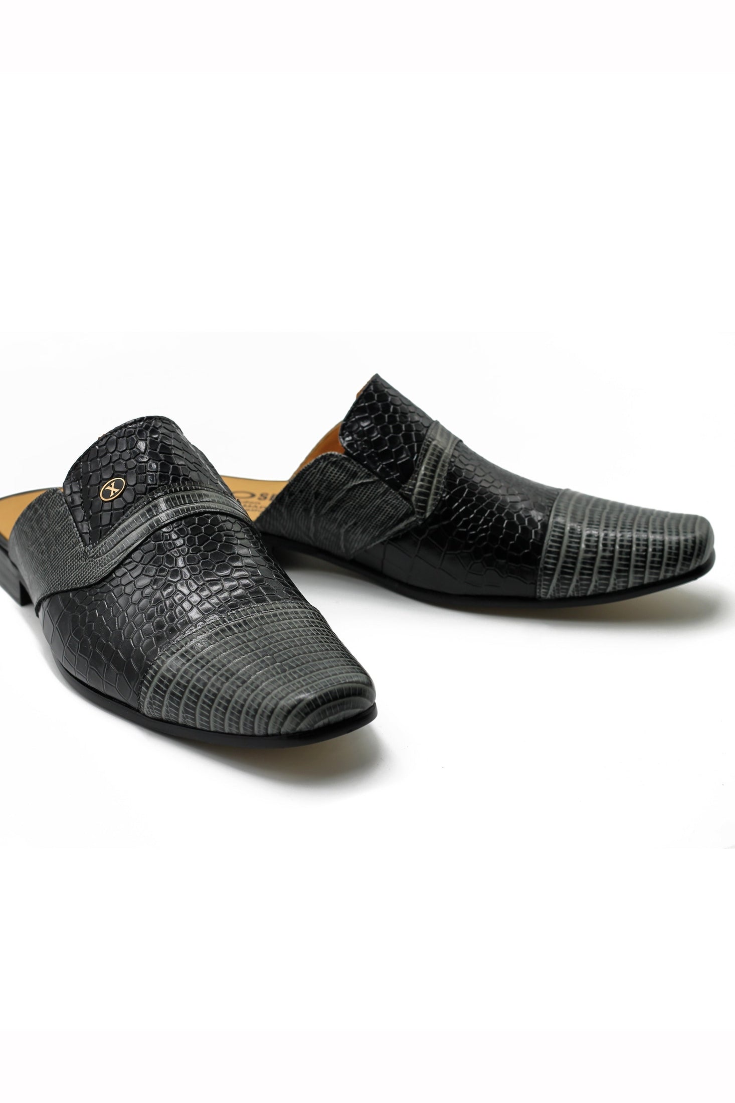 REAL LEATHER BLACK GREY PRINTED HALF SHOE