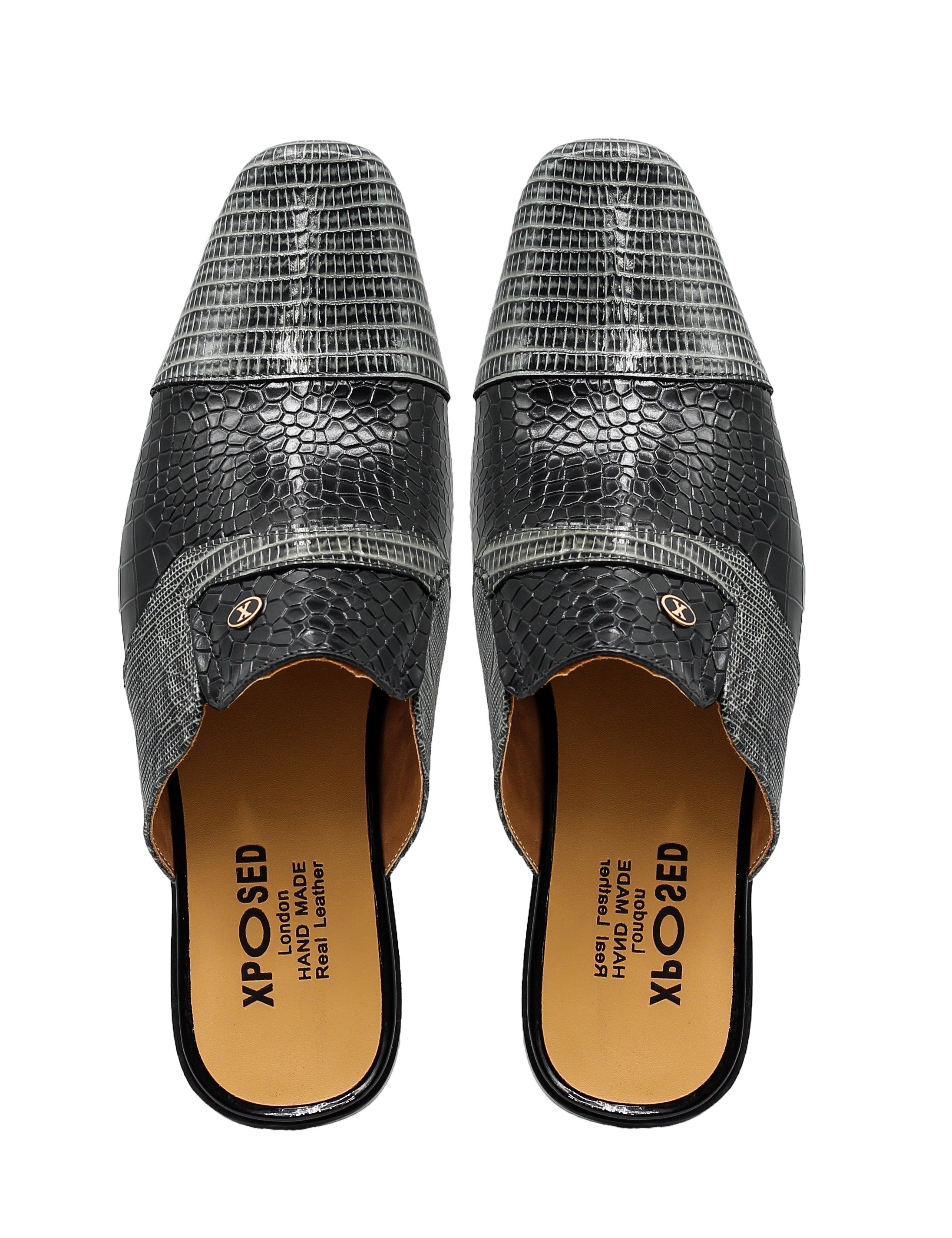 REAL LEATHER BLACK GREY PRINTED HALF SHOE