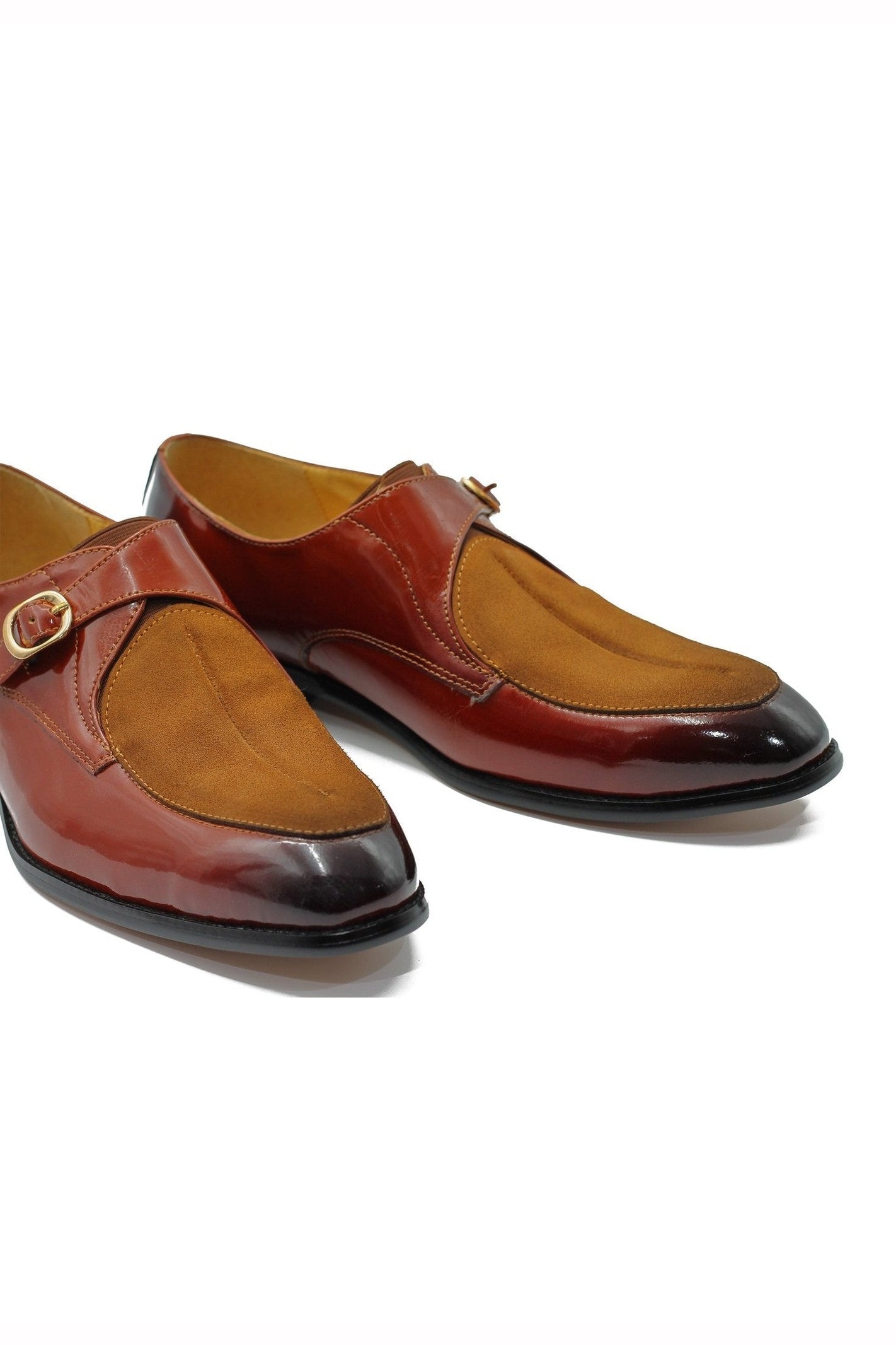 BROWN PATENT LEATHER & SUEDE SINGLE MONK SHOES