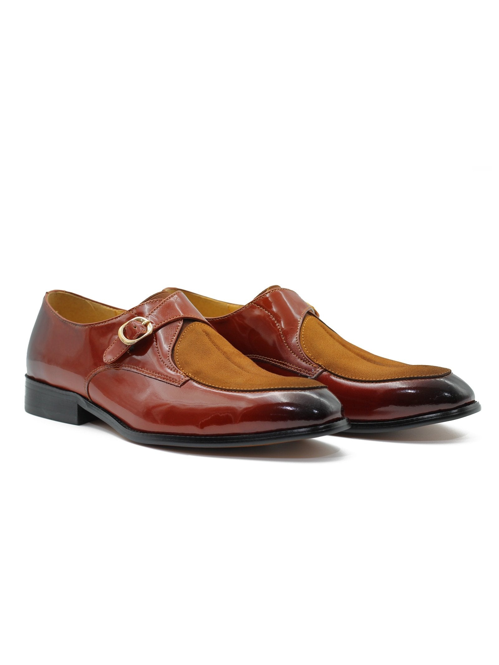 BROWN PATENT LEATHER & SUEDE SINGLE MONK SHOES