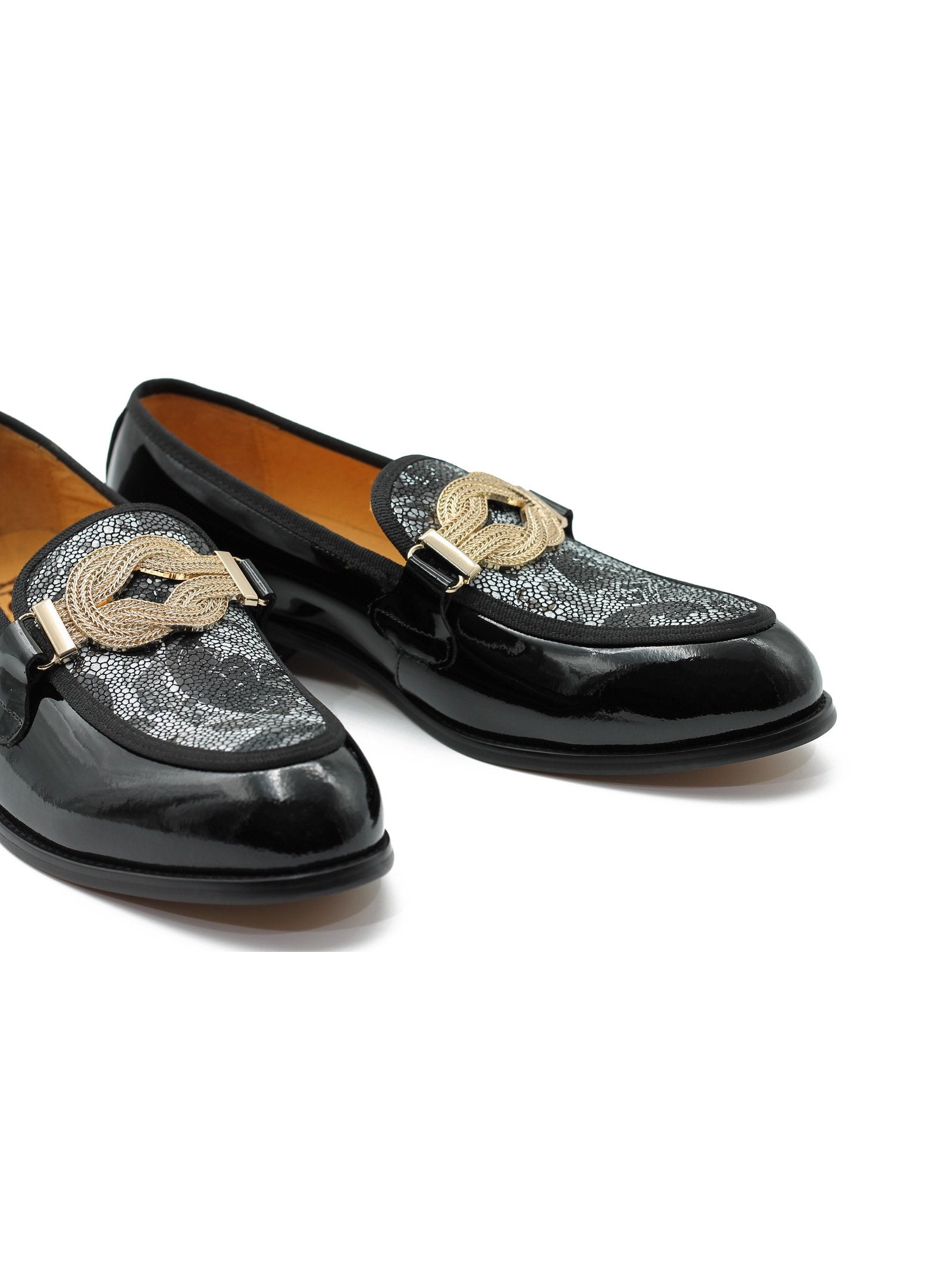 BLACK PATENT GOLD BUCKLE PARTY LOAFER