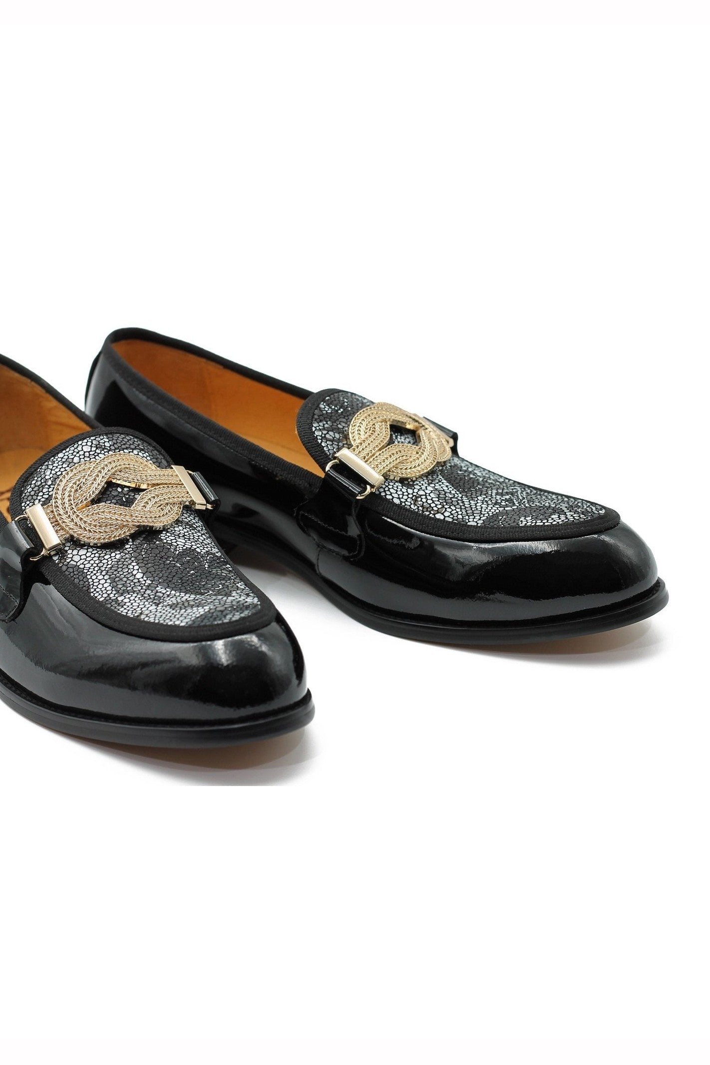 BLACK PATENT GOLD BUCKLE PARTY LOAFER