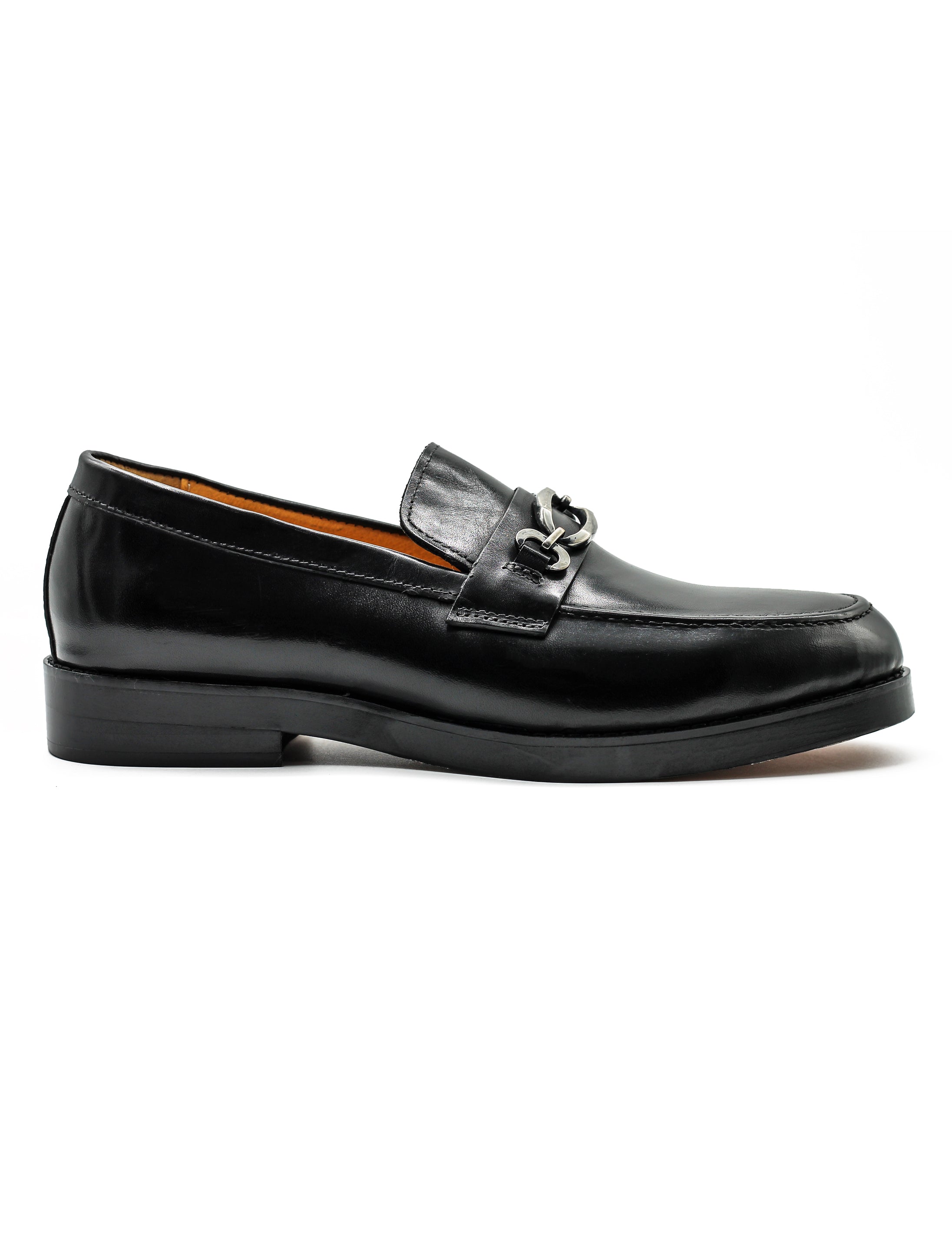 Black Leather Slip-on Loafers with Snaffle Buckle