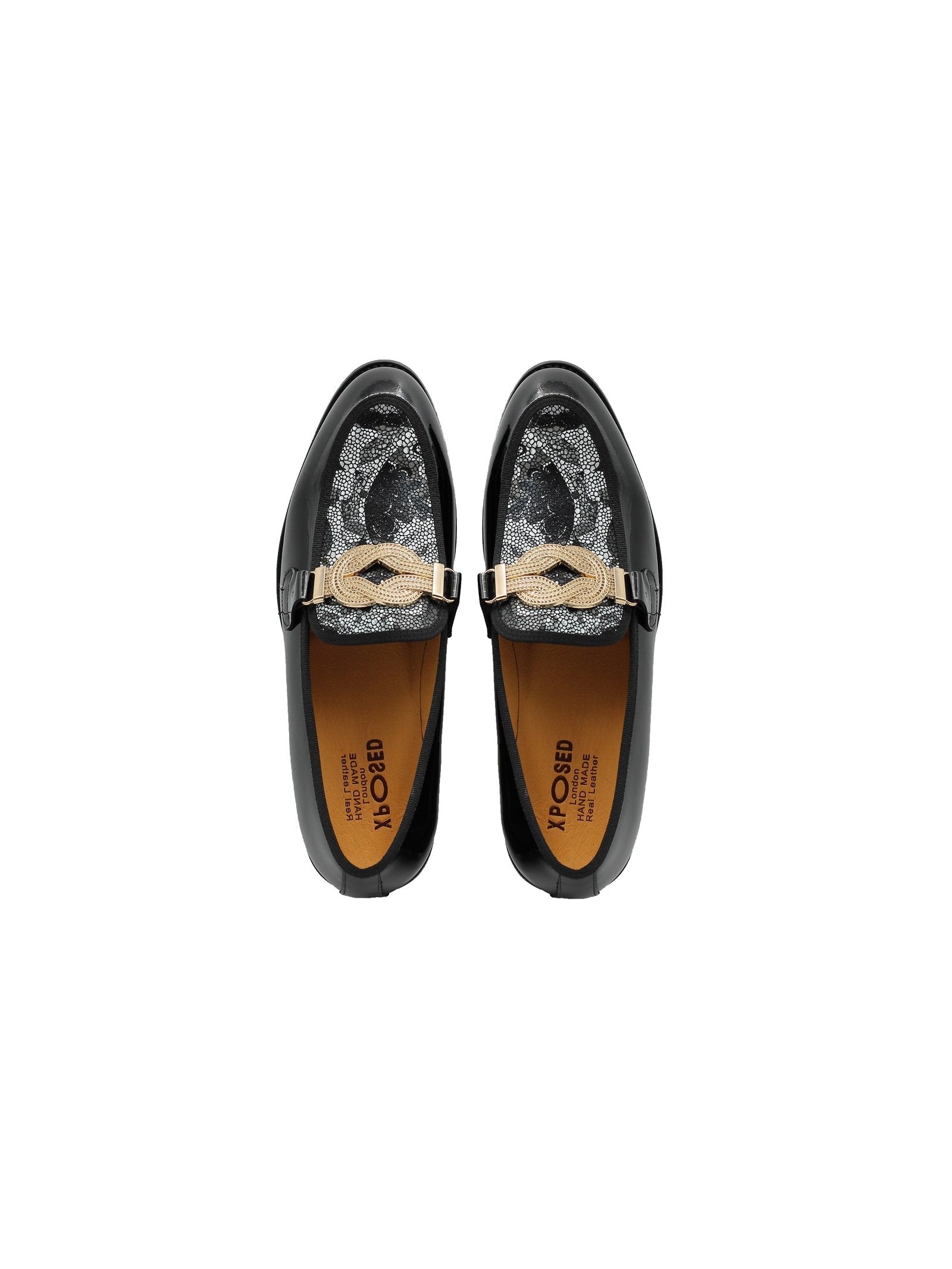 BLACK PATENT GOLD BUCKLE PARTY LOAFER