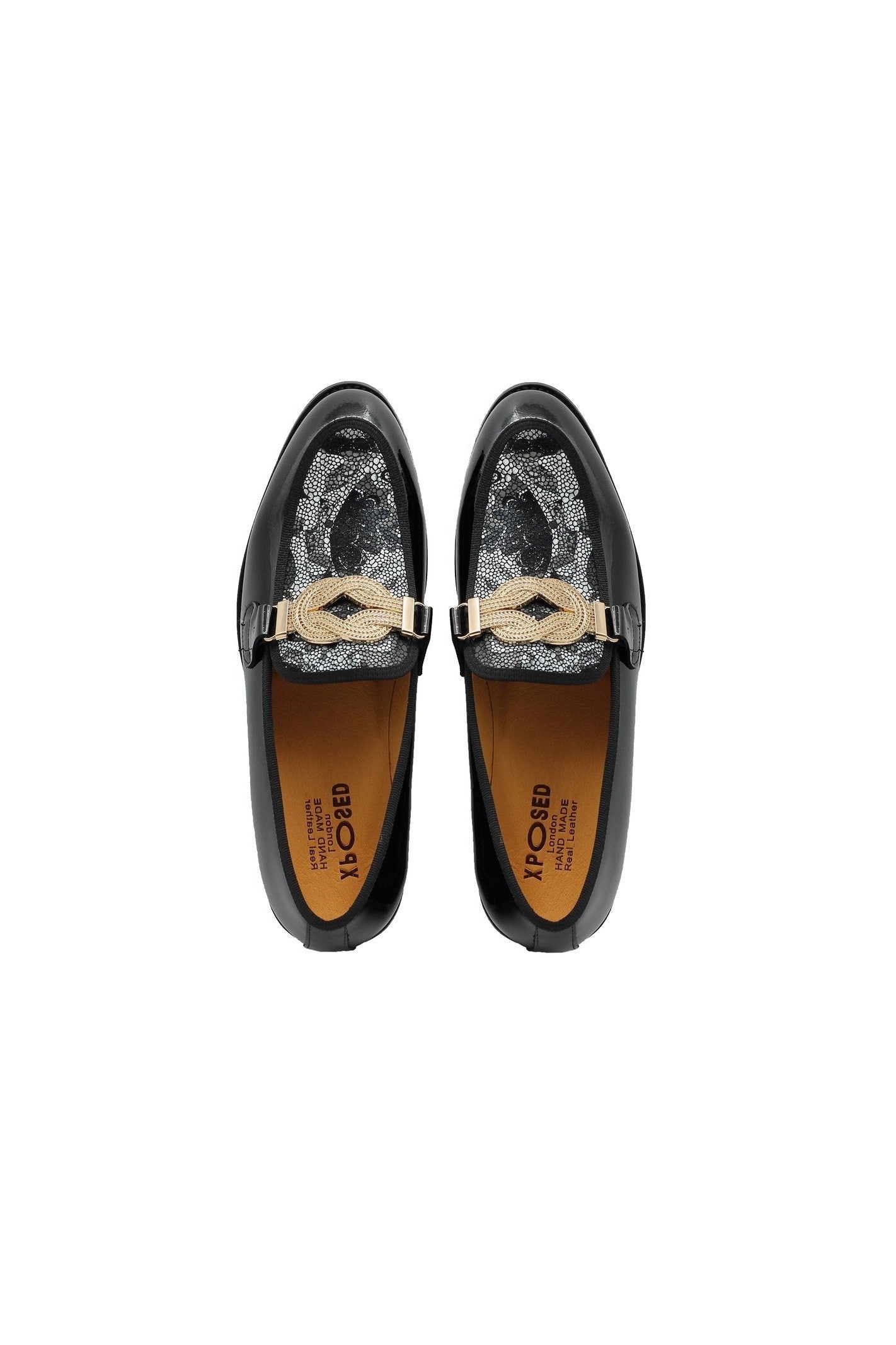 BLACK PATENT GOLD BUCKLE PARTY LOAFER