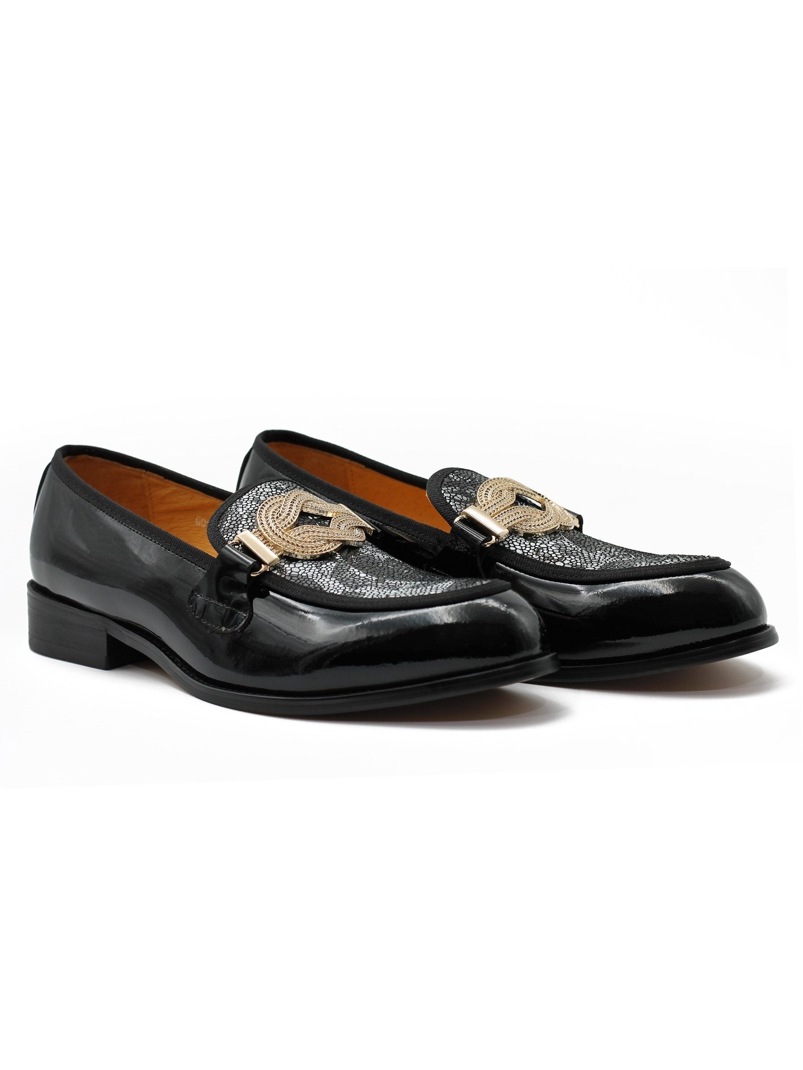 BLACK PATENT GOLD BUCKLE PARTY LOAFER