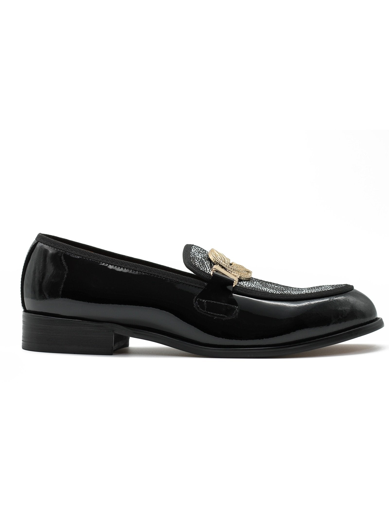 BLACK PATENT GOLD BUCKLE PARTY LOAFER