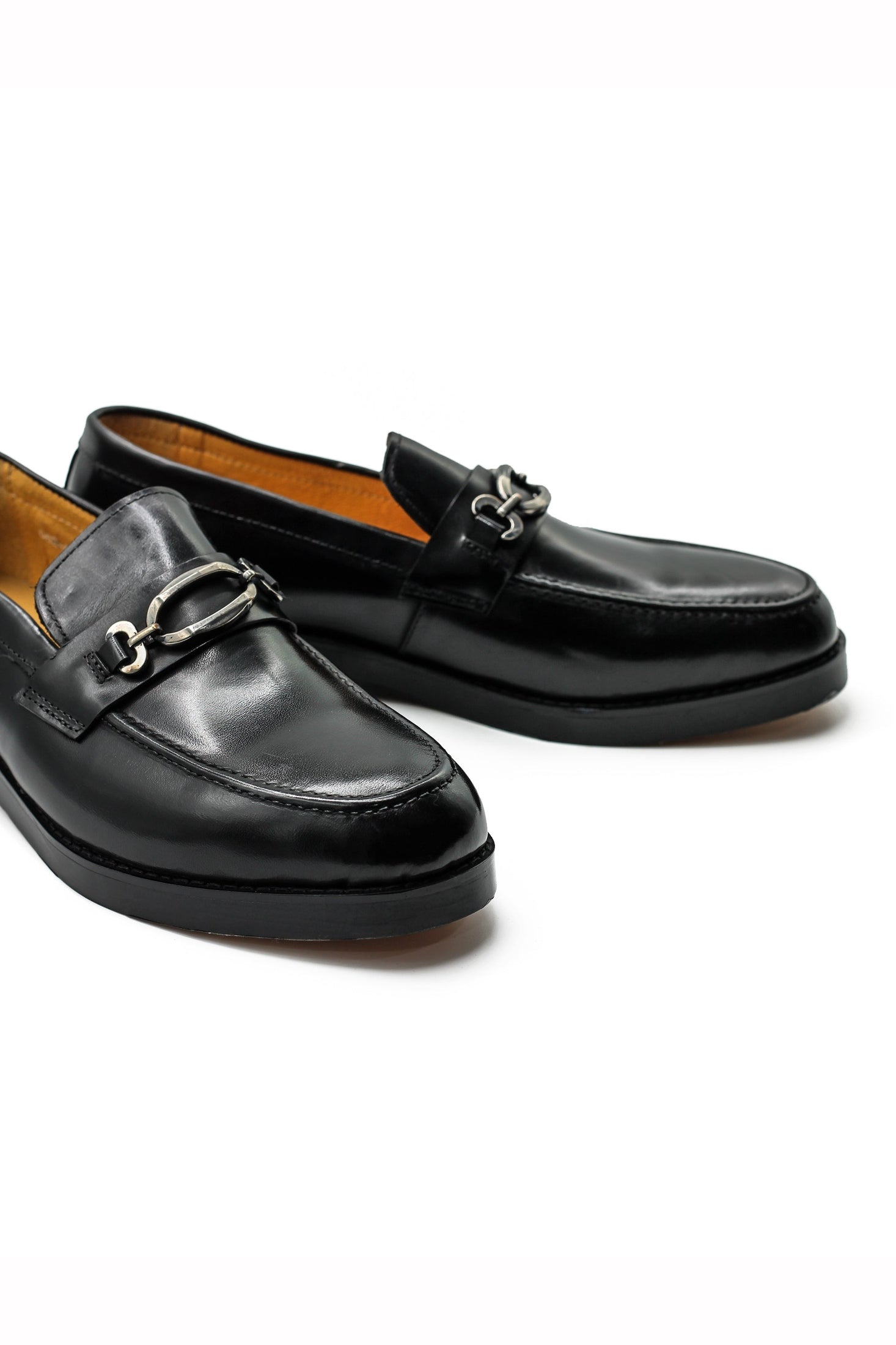 Black Leather Slip-on Loafers with Snaffle Buckle