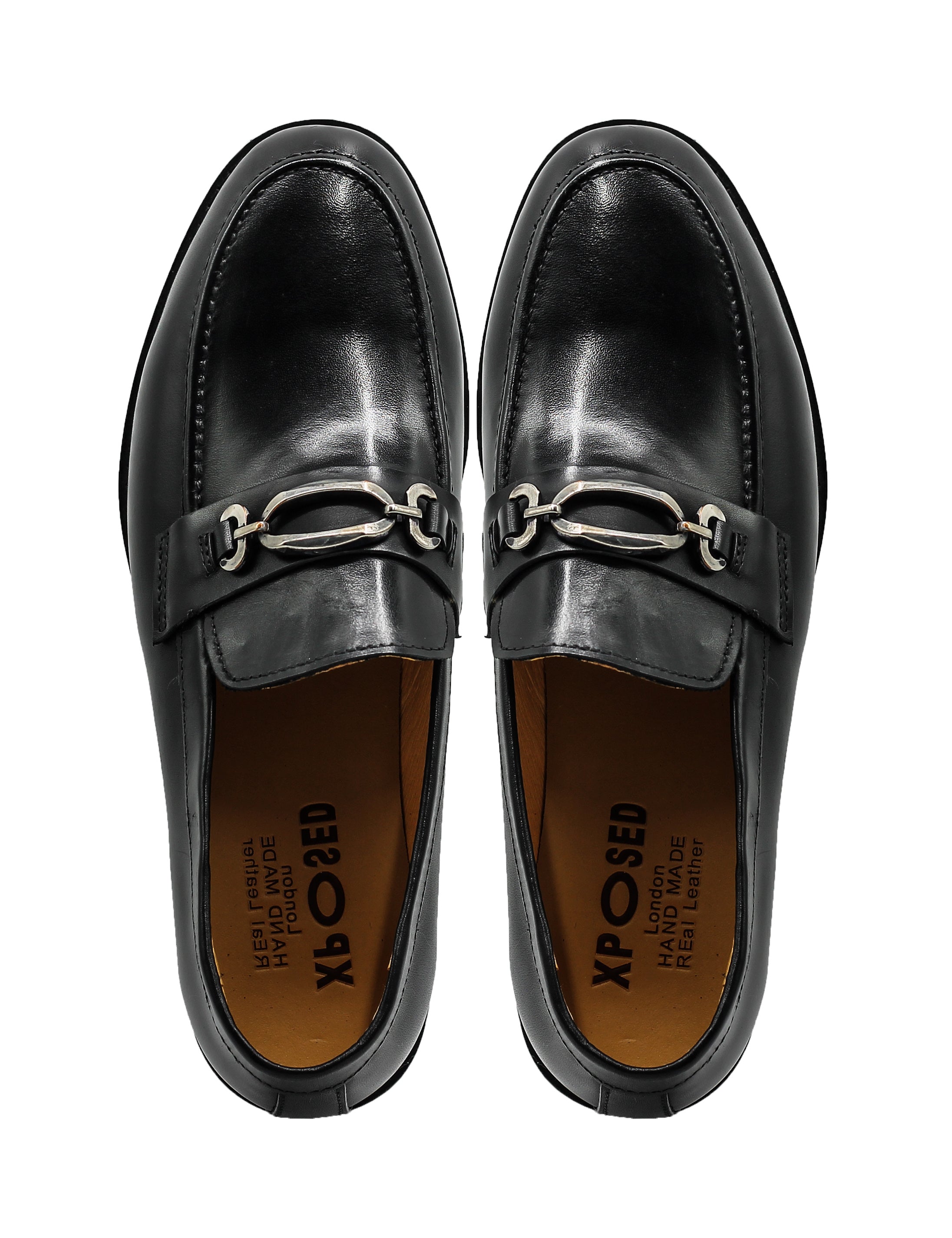 Black Leather Slip-on Loafers with Snaffle Buckle