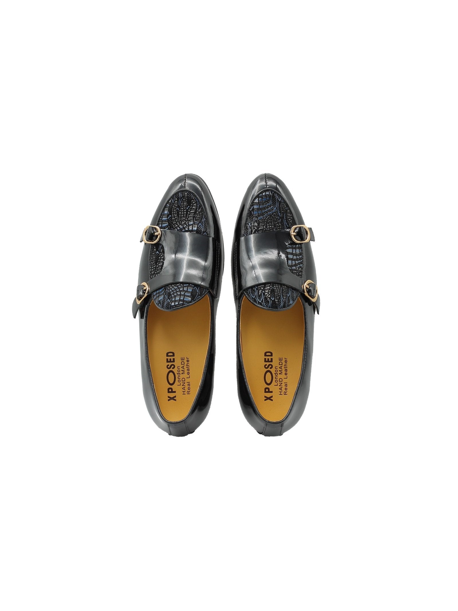 BLACK SHINY BLUE PRINTED DOUBLE MONK SHOES