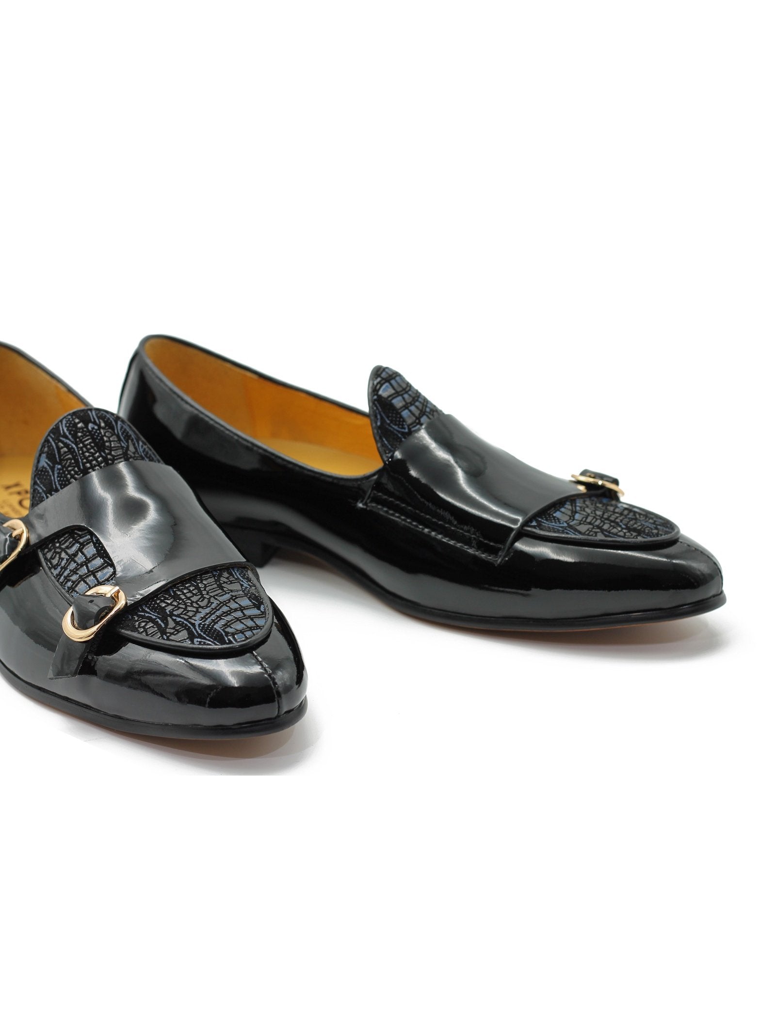 BLACK SHINY BLUE PRINTED DOUBLE MONK SHOES