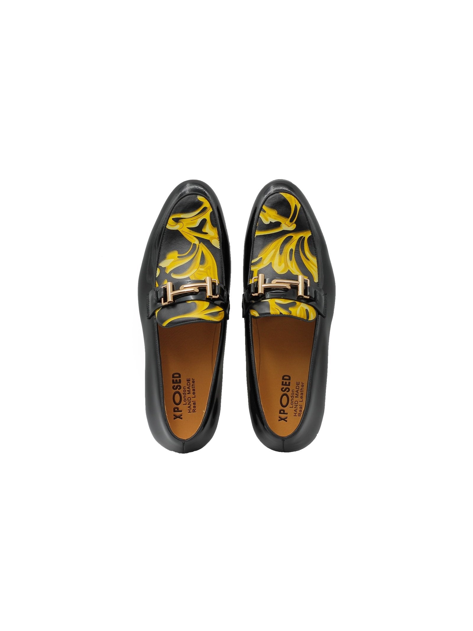 BLACK SHINY GOLD BUCKLE LEATHER LOAFERS