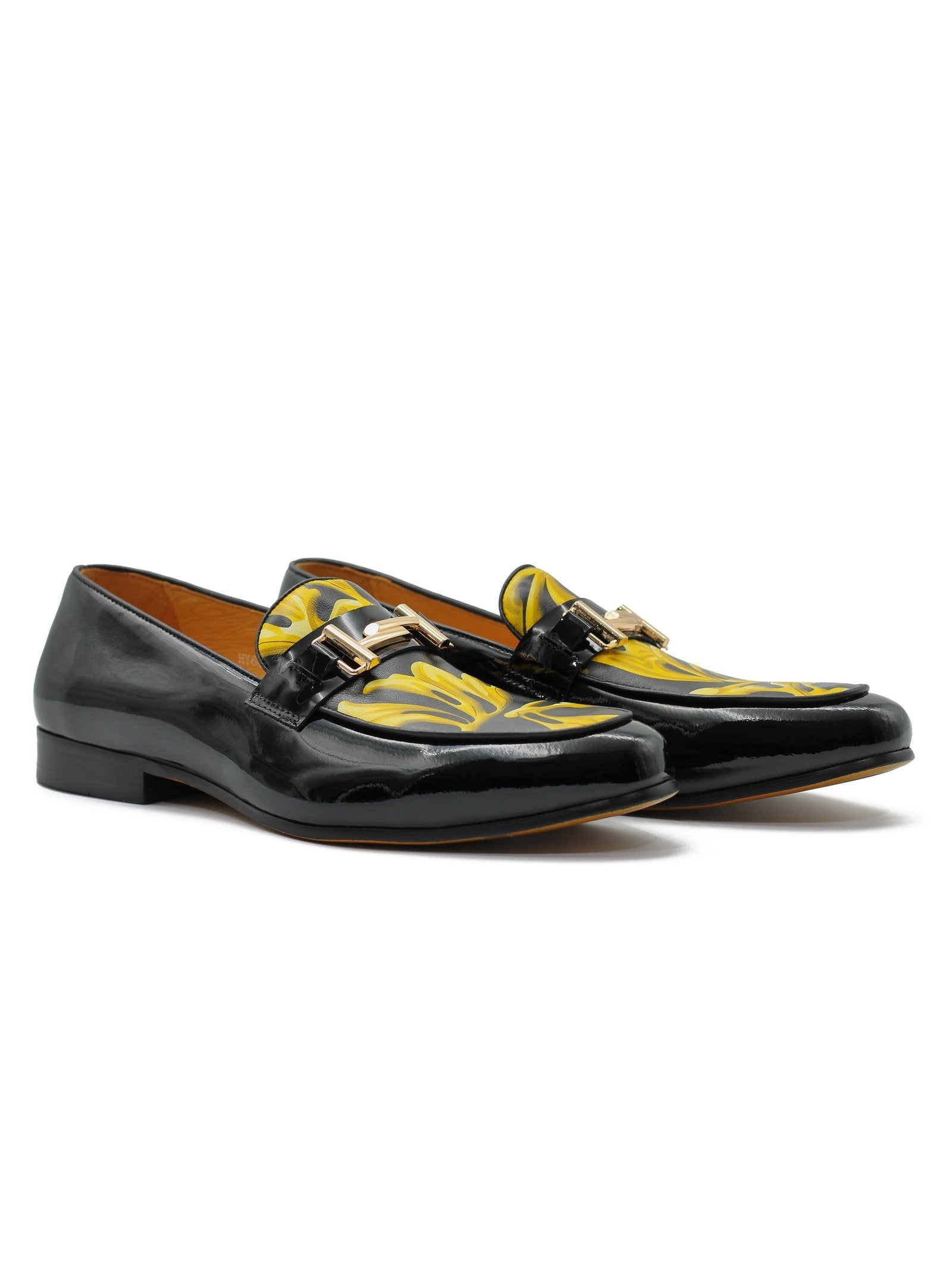 BLACK SHINY GOLD BUCKLE LEATHER LOAFERS