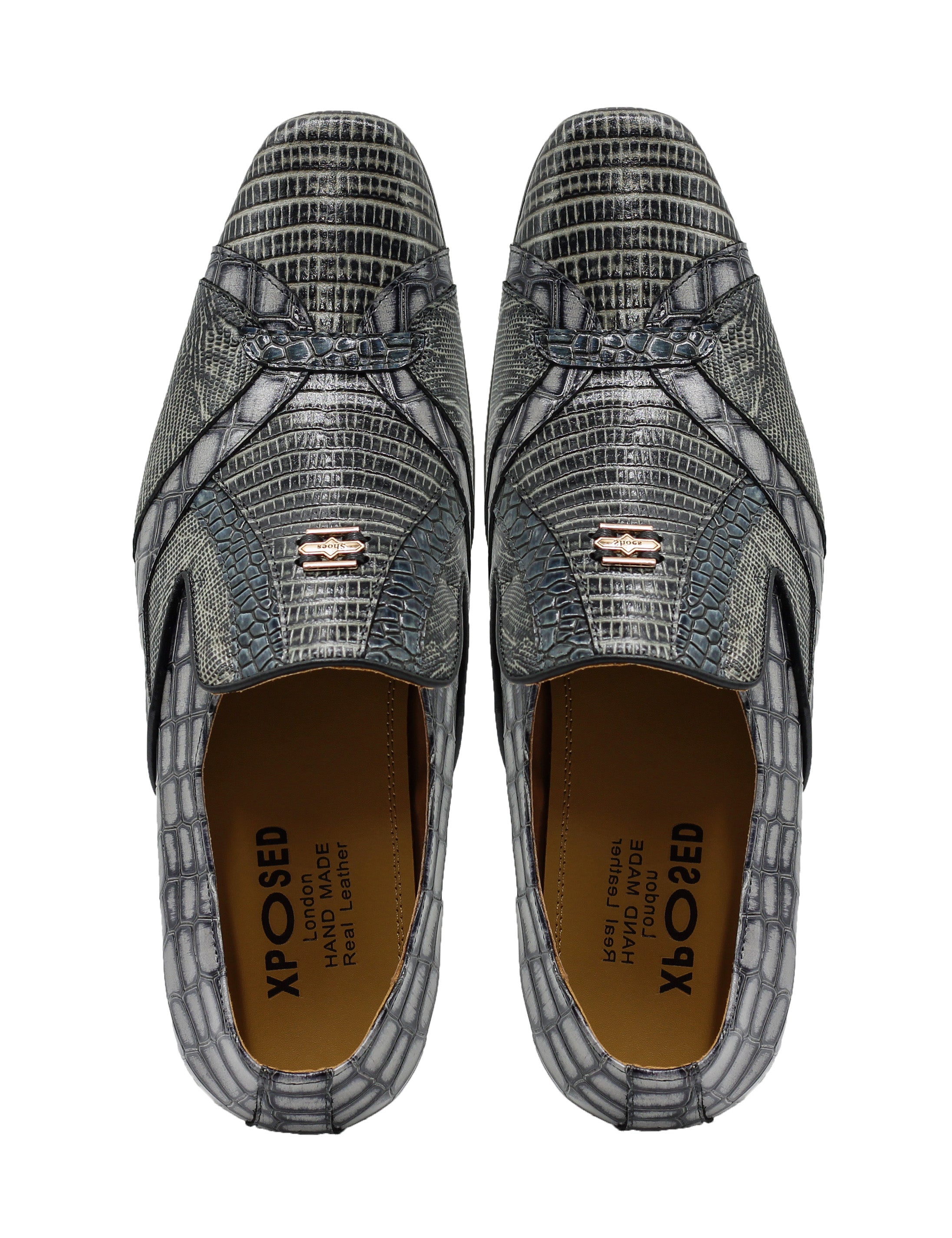 Shiny Printed Real Leather Shoes in Grey Black