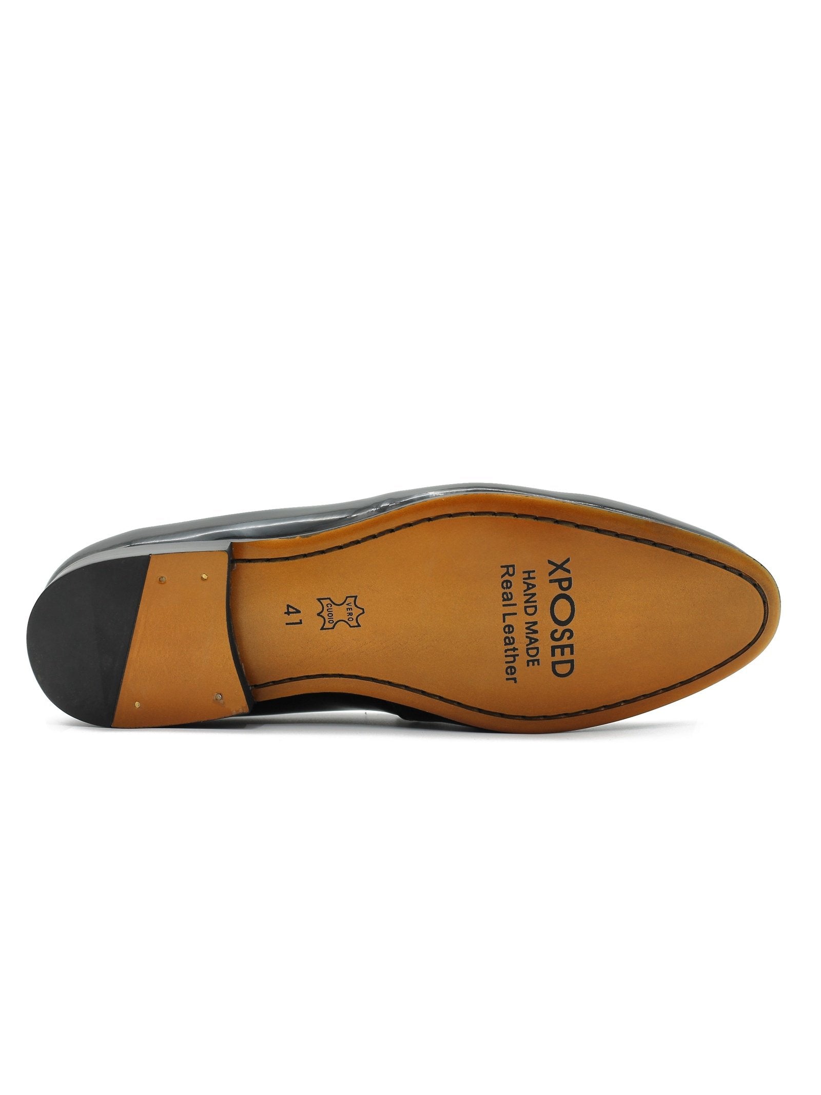 BLACK SHINY GOLD BUCKLE LEATHER LOAFERS