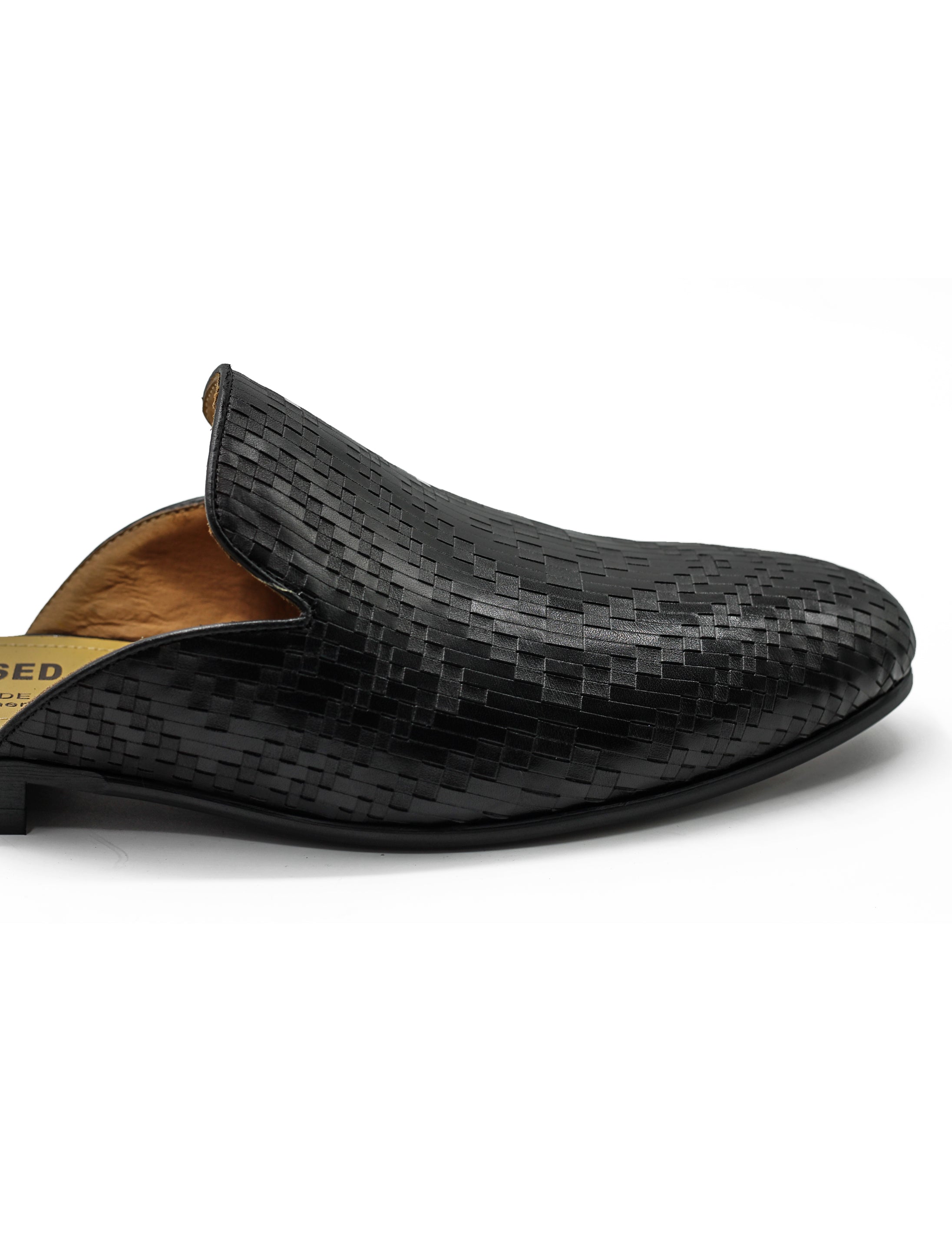 Black Woven Embossed Leather Half Mules