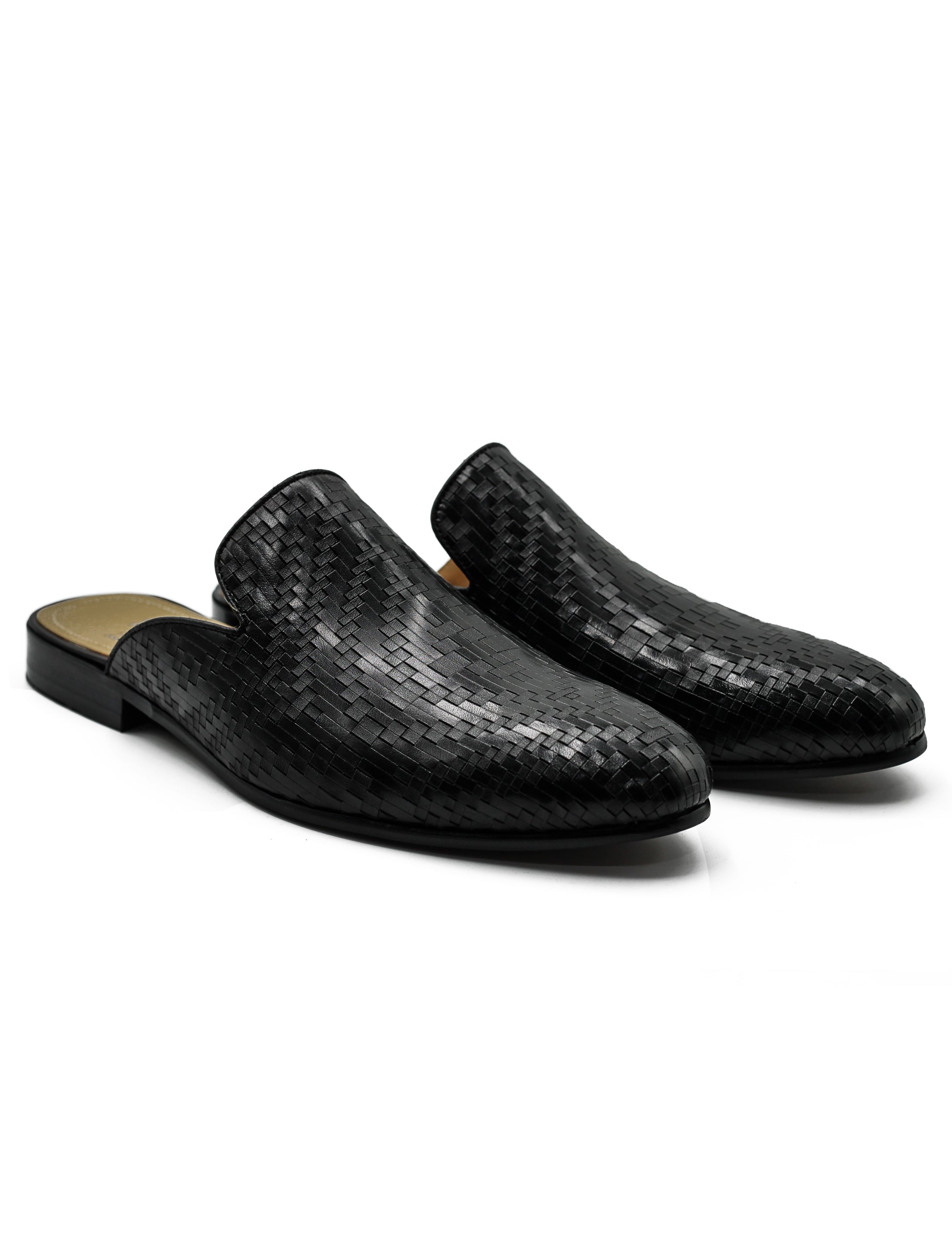 Black Woven Embossed Leather Half Mules