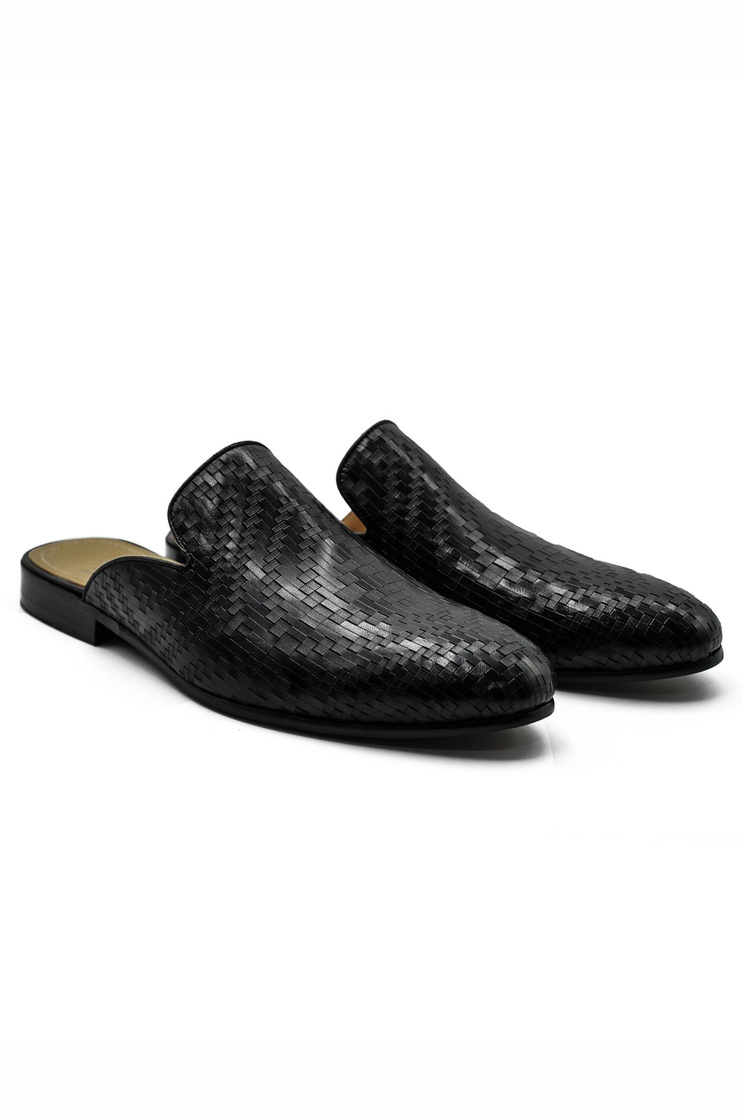 Black Woven Embossed Leather Half Mules