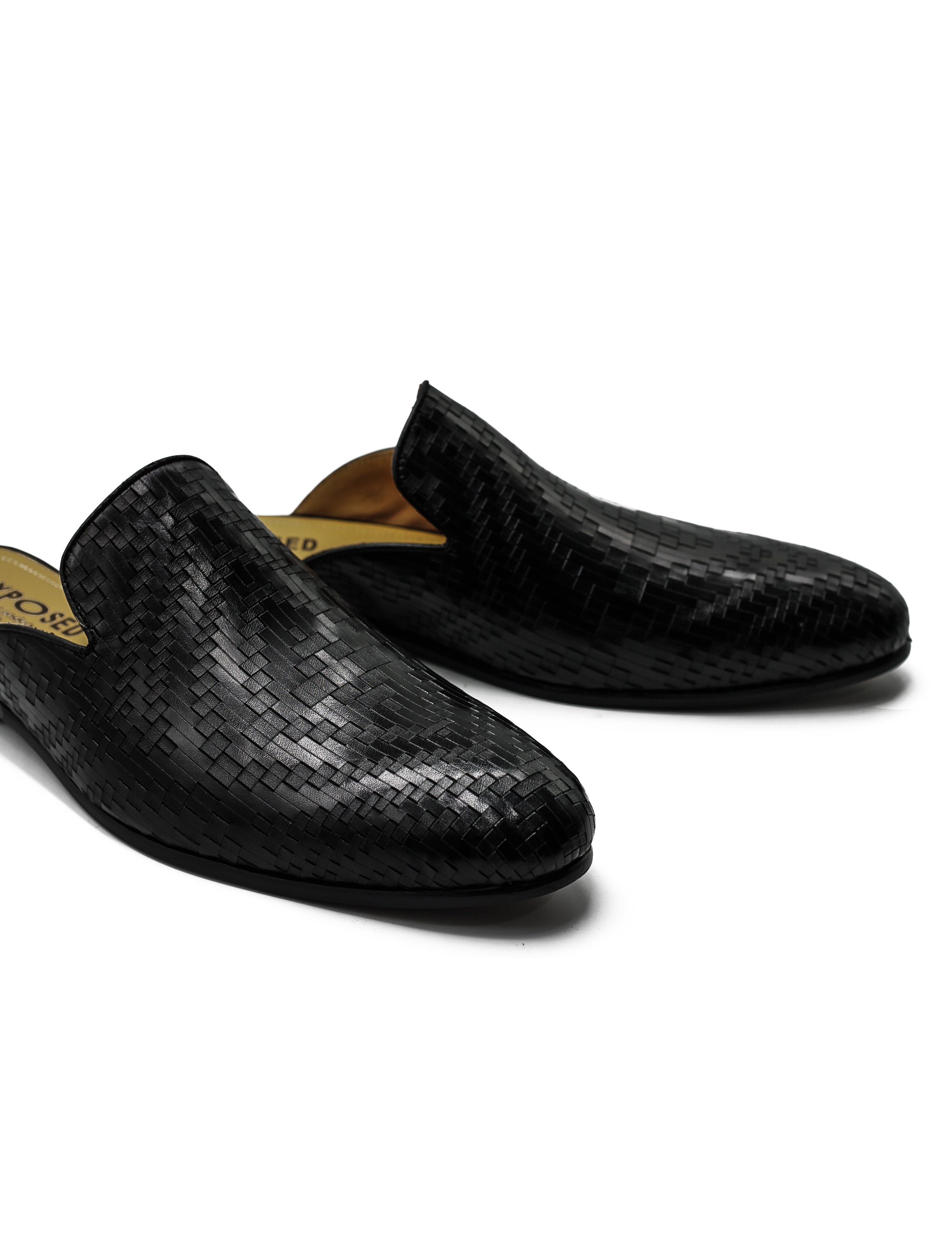 Black Woven Embossed Leather Half Mules