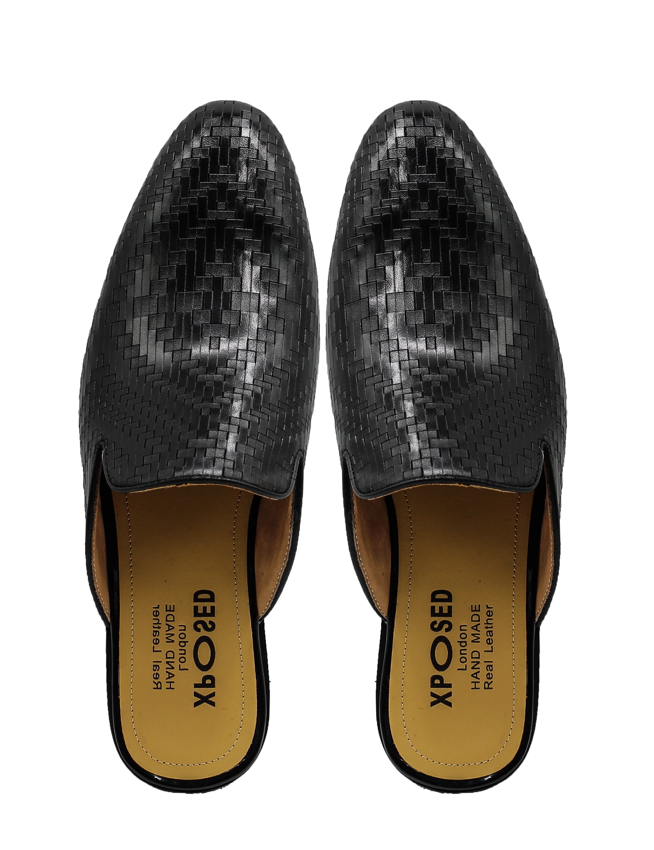 Black Woven Embossed Leather Half Mules