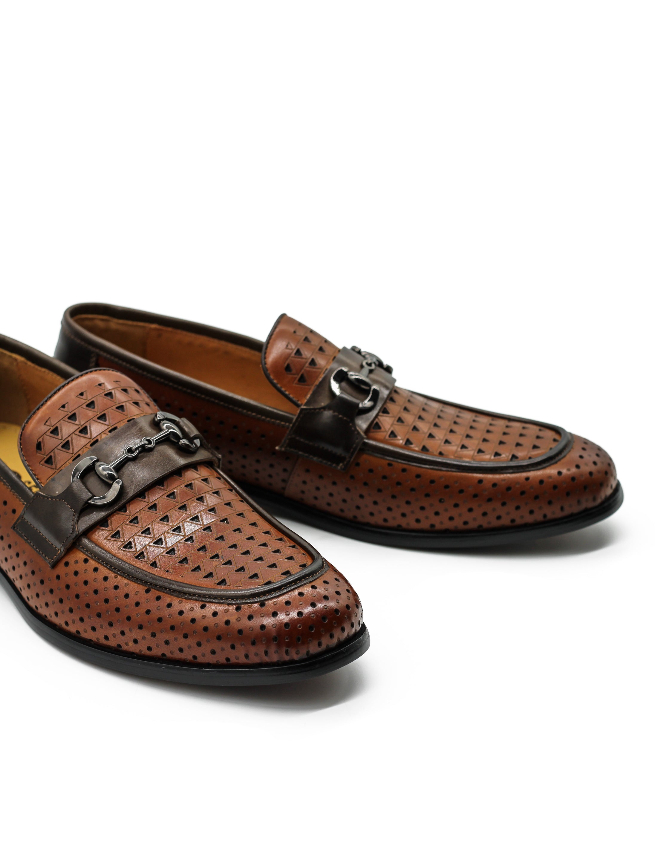 Brown Perforated Real Leather Shoes Snaffle Buckle