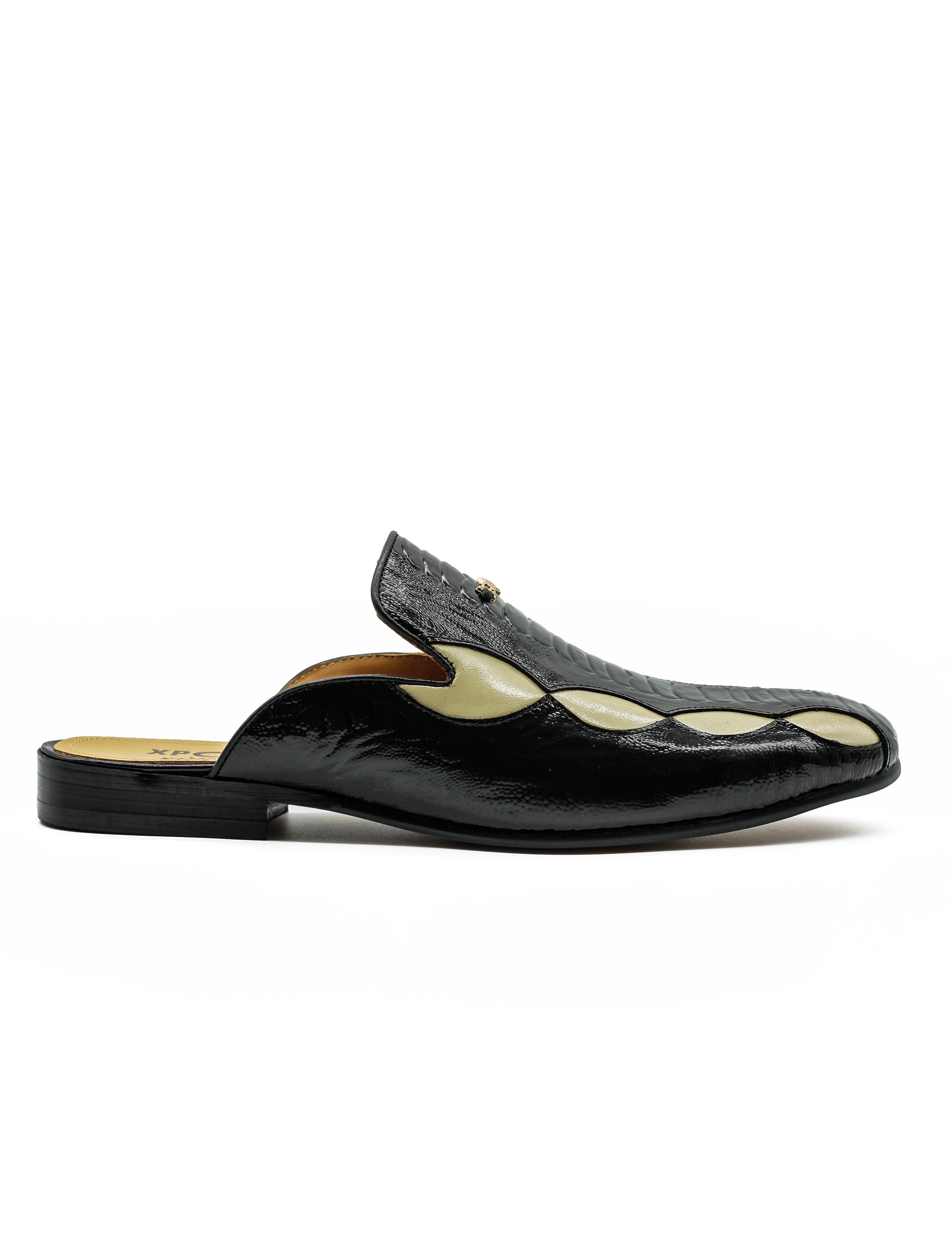 Black Cream Real Leather Half Shoes Detailed Printed