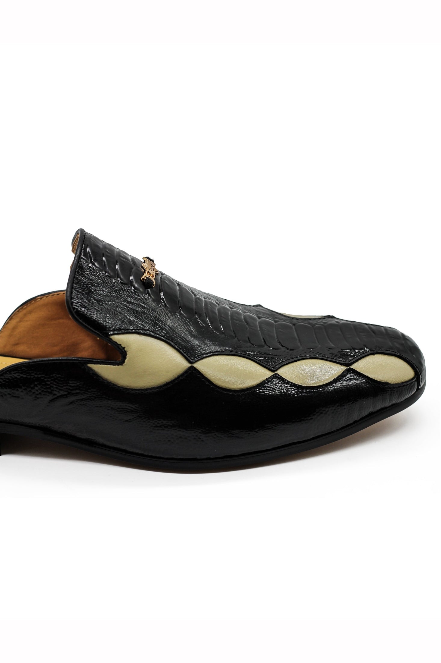 Black Cream Real Leather Half Shoes Detailed Printed