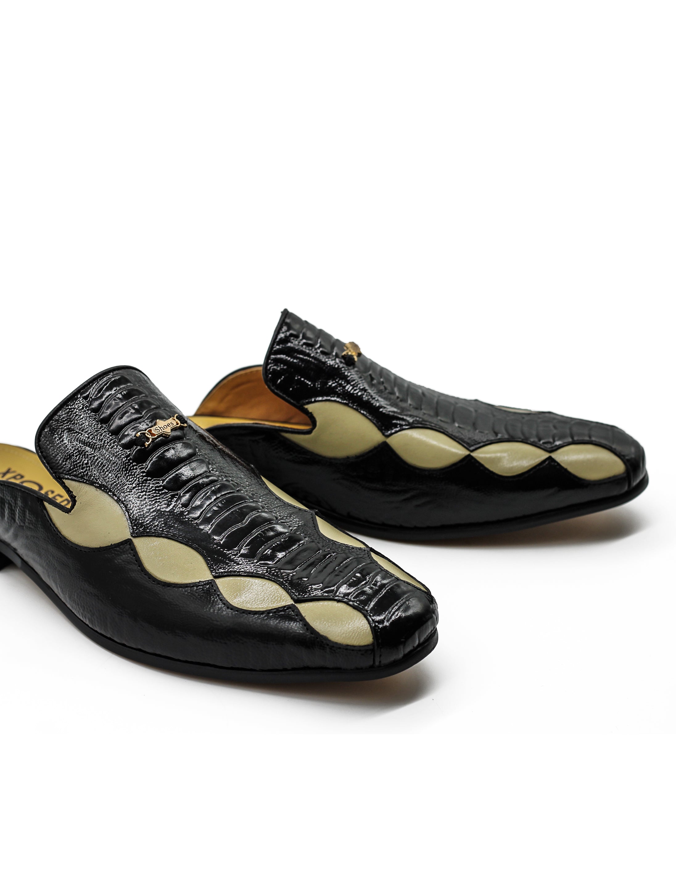 Black Cream Real Leather Half Shoes Detailed Printed