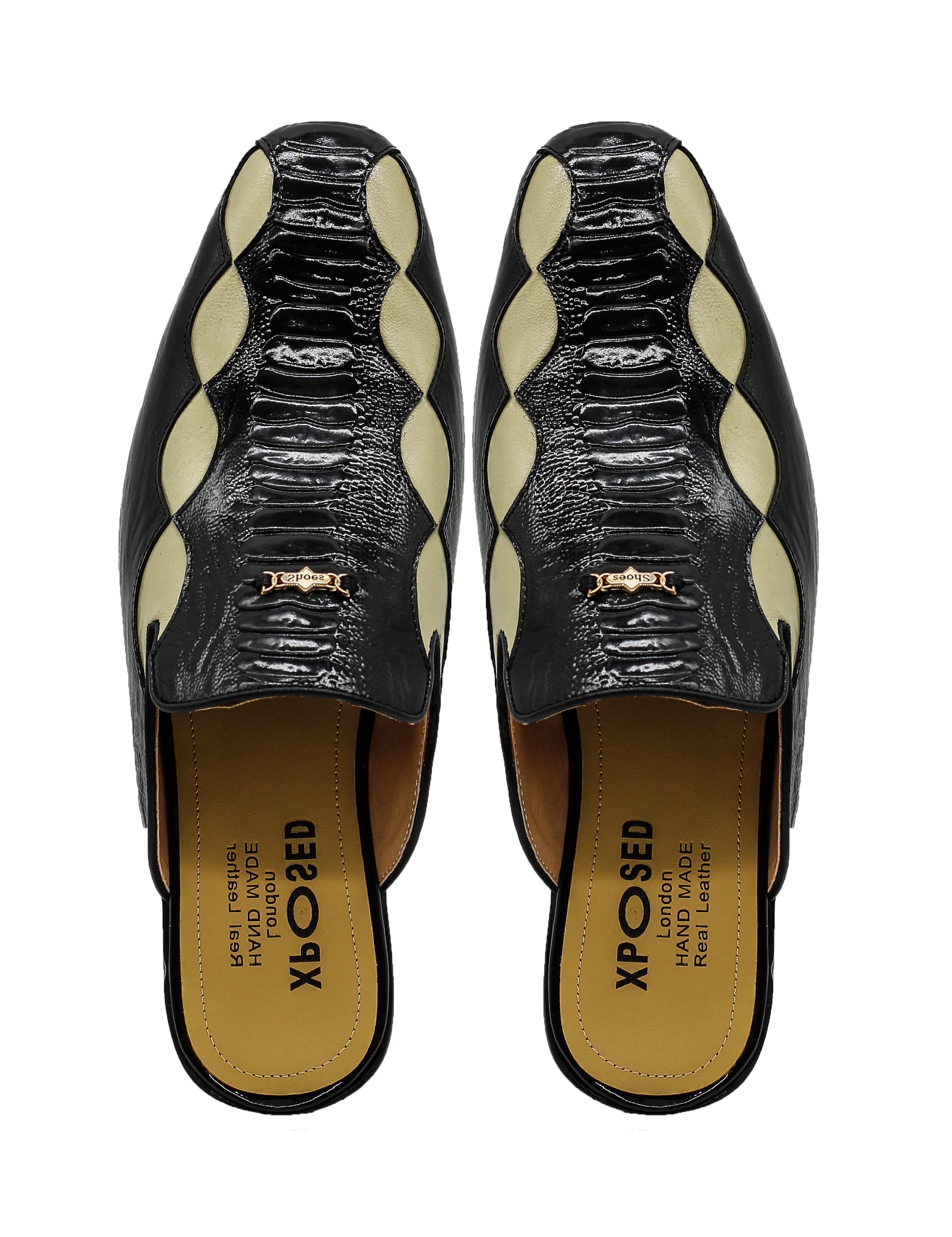 Black Cream Real Leather Half Shoes Detailed Printed