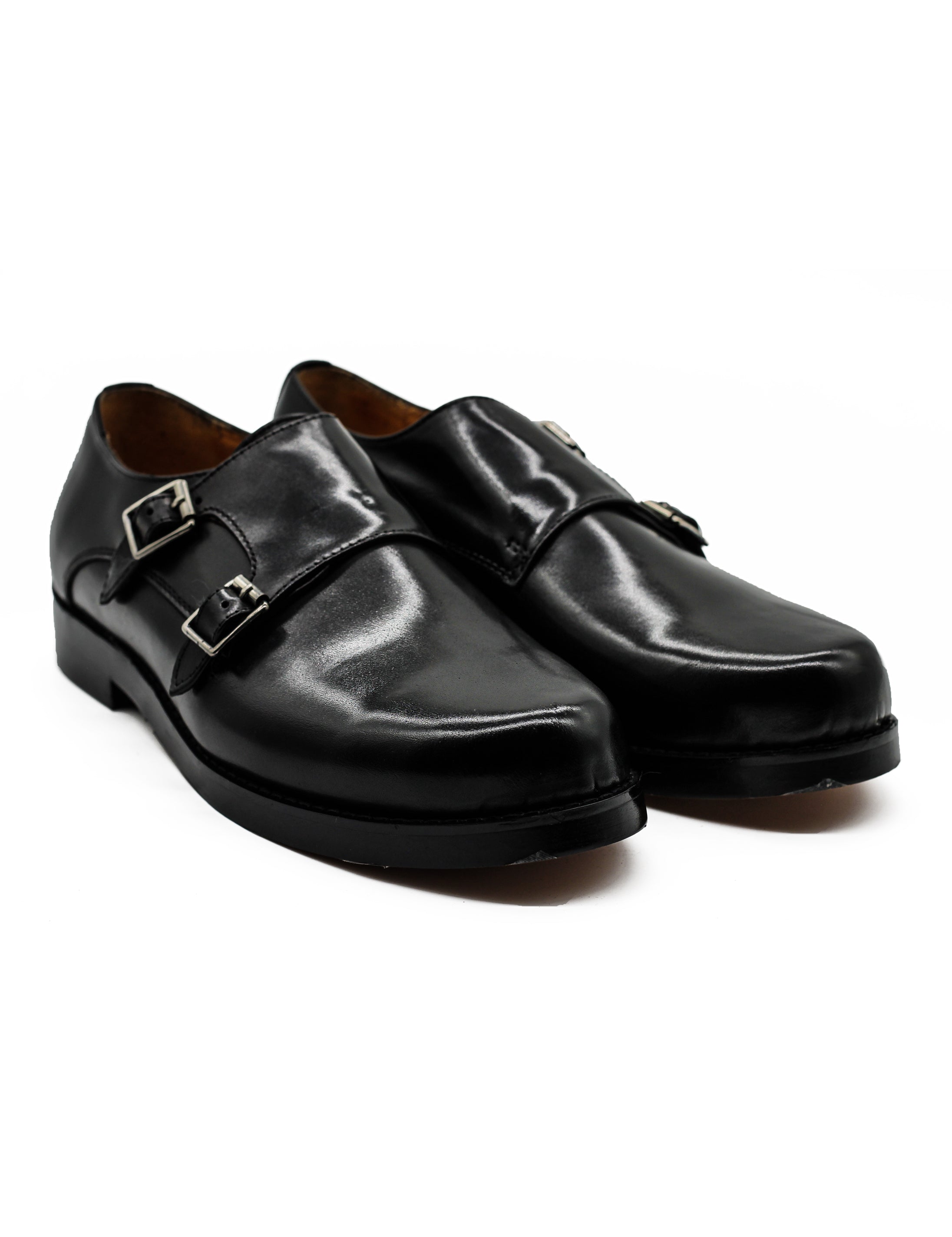 Mens Monk Shoes Retro Double Straps in Black Leather