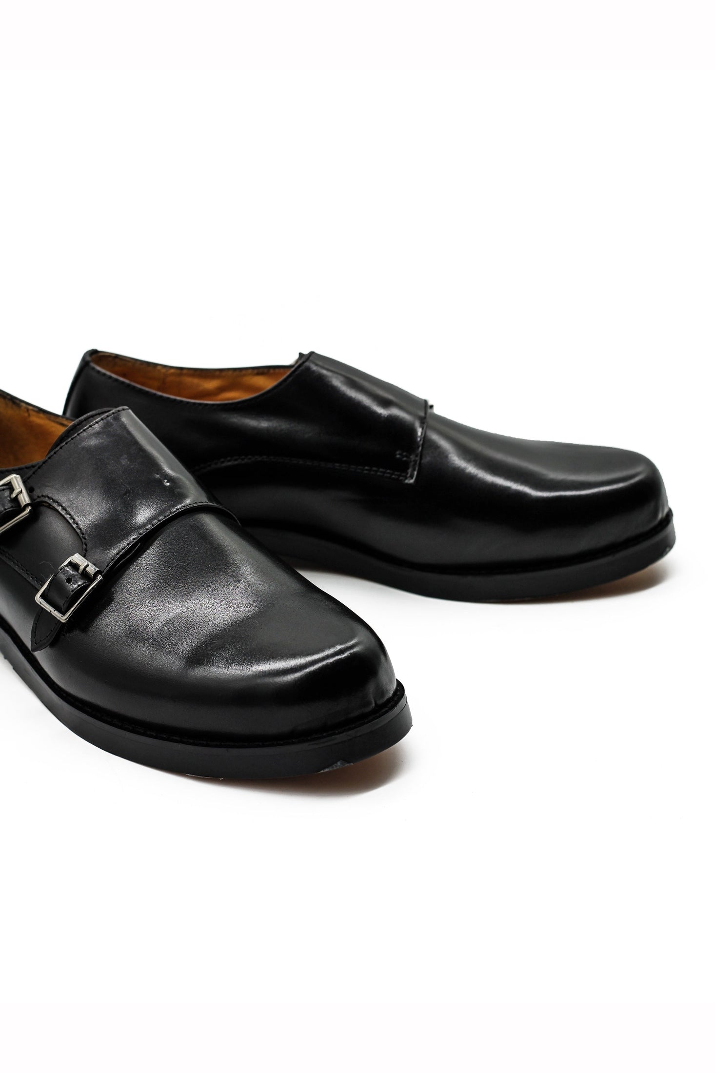 Mens Monk Shoes Retro Double Straps in Black Leather