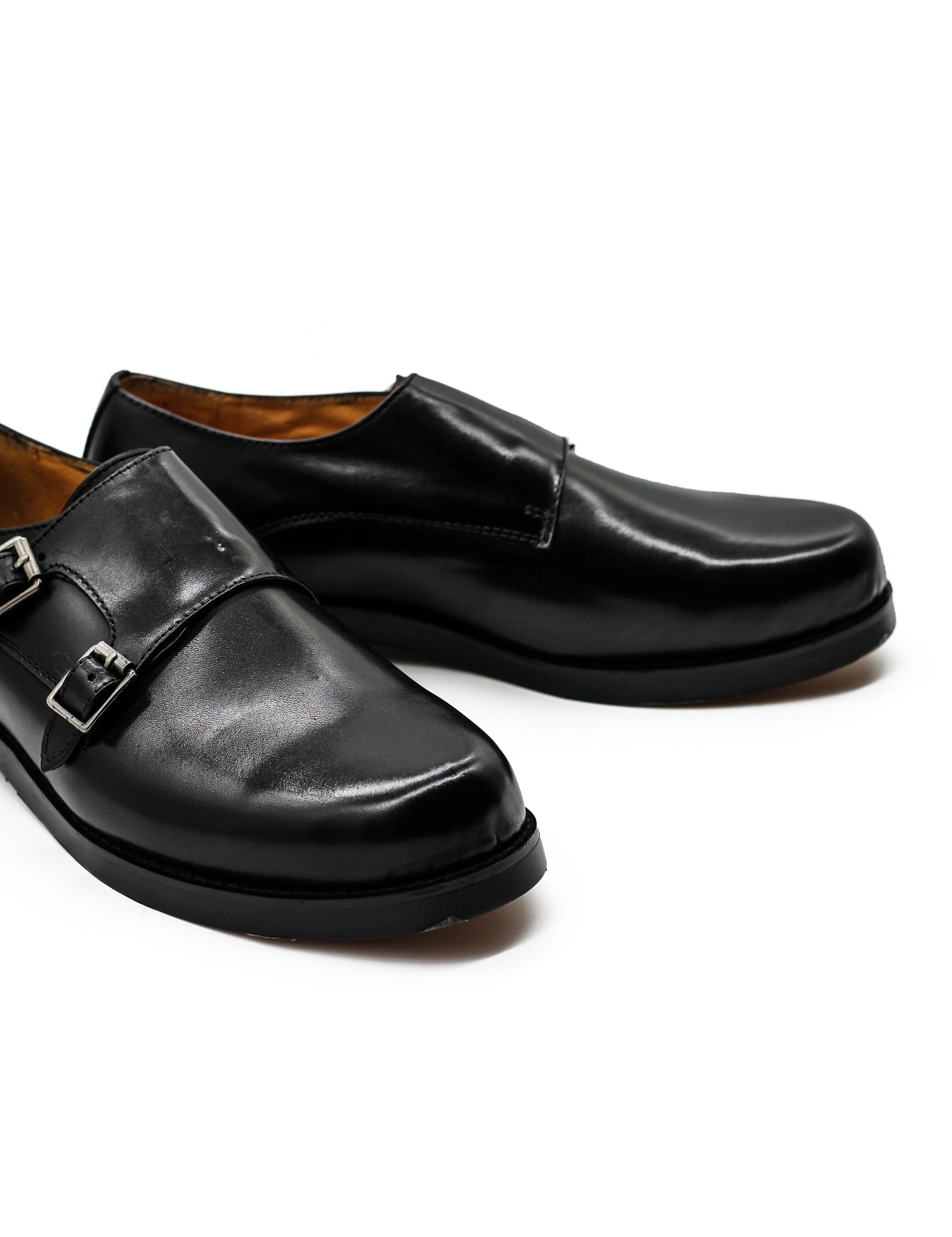 Mens Monk Shoes Retro Double Straps in Black Leather
