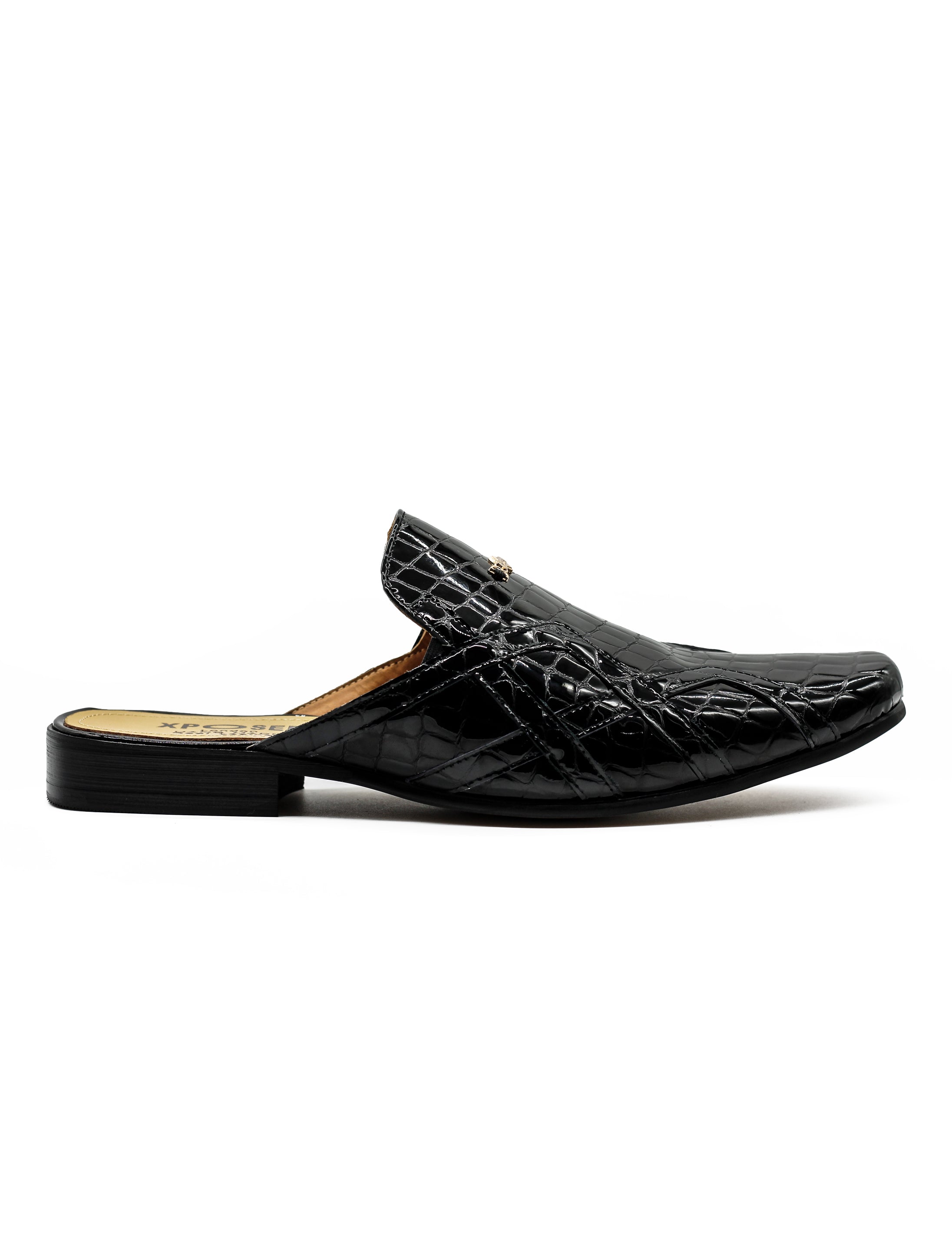 Black Shiny Patent Real Leather Printed Half Shoes