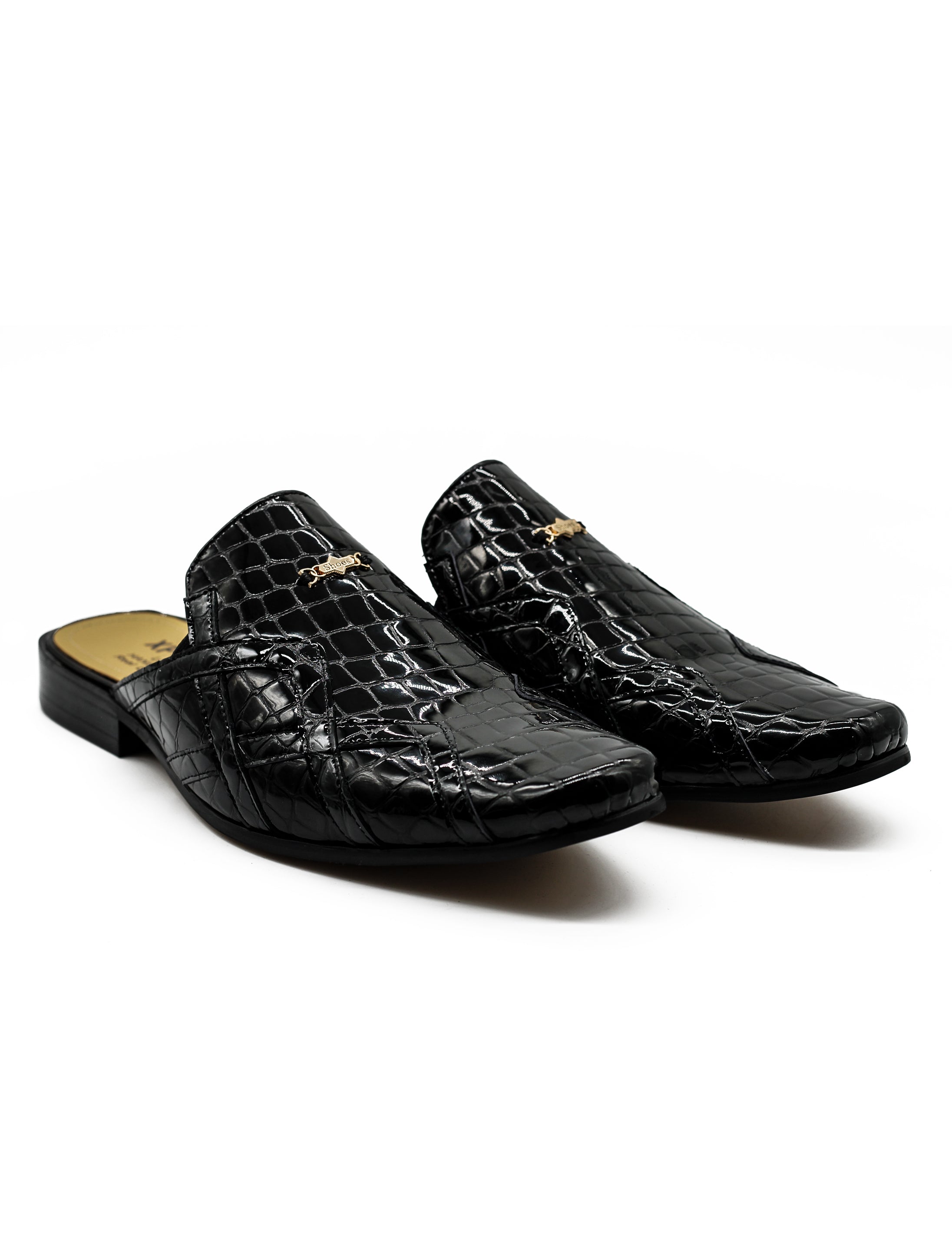 Black Shiny Patent Real Leather Printed Half Shoes