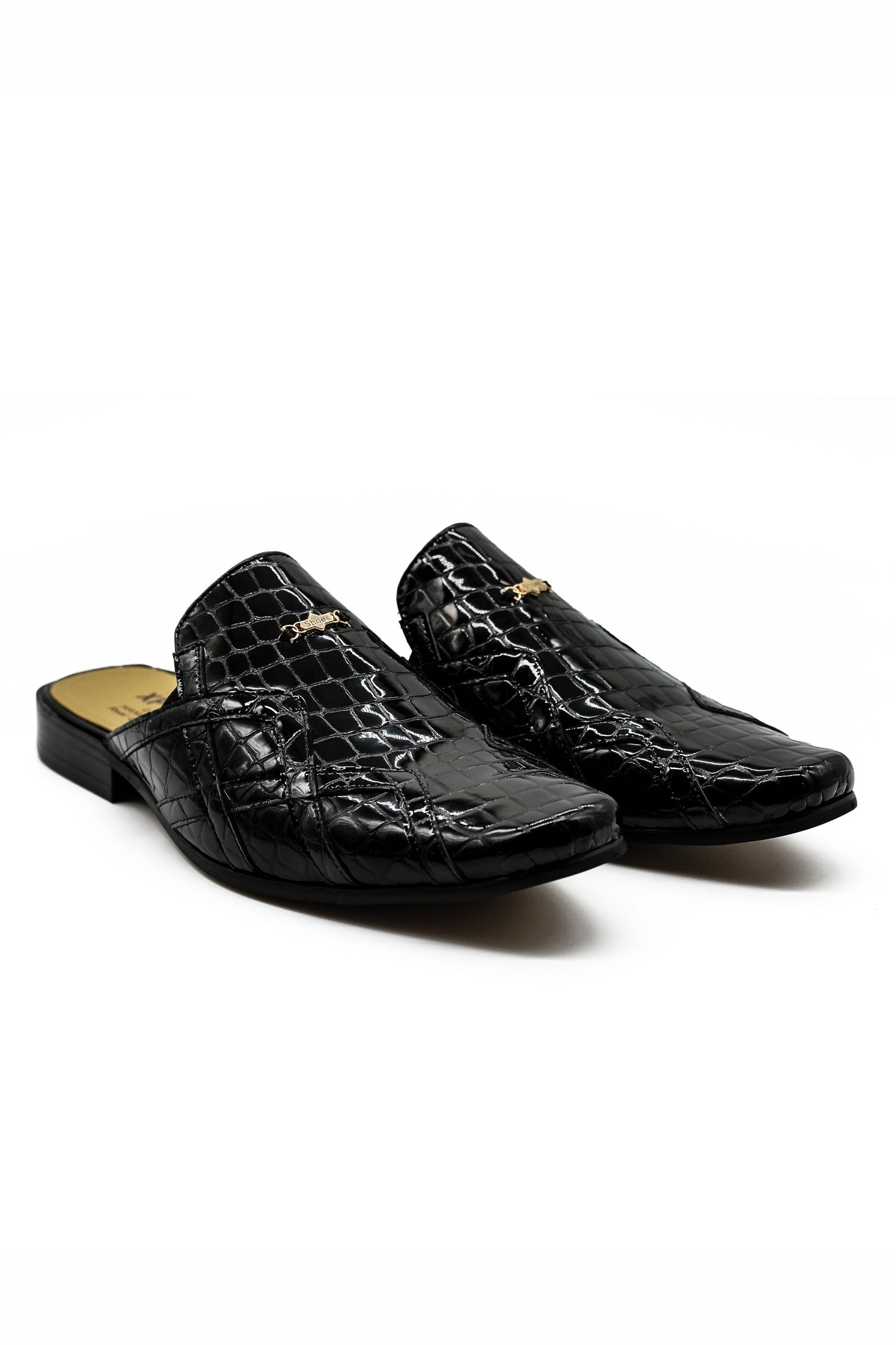 Black Shiny Patent Real Leather Printed Half Shoes