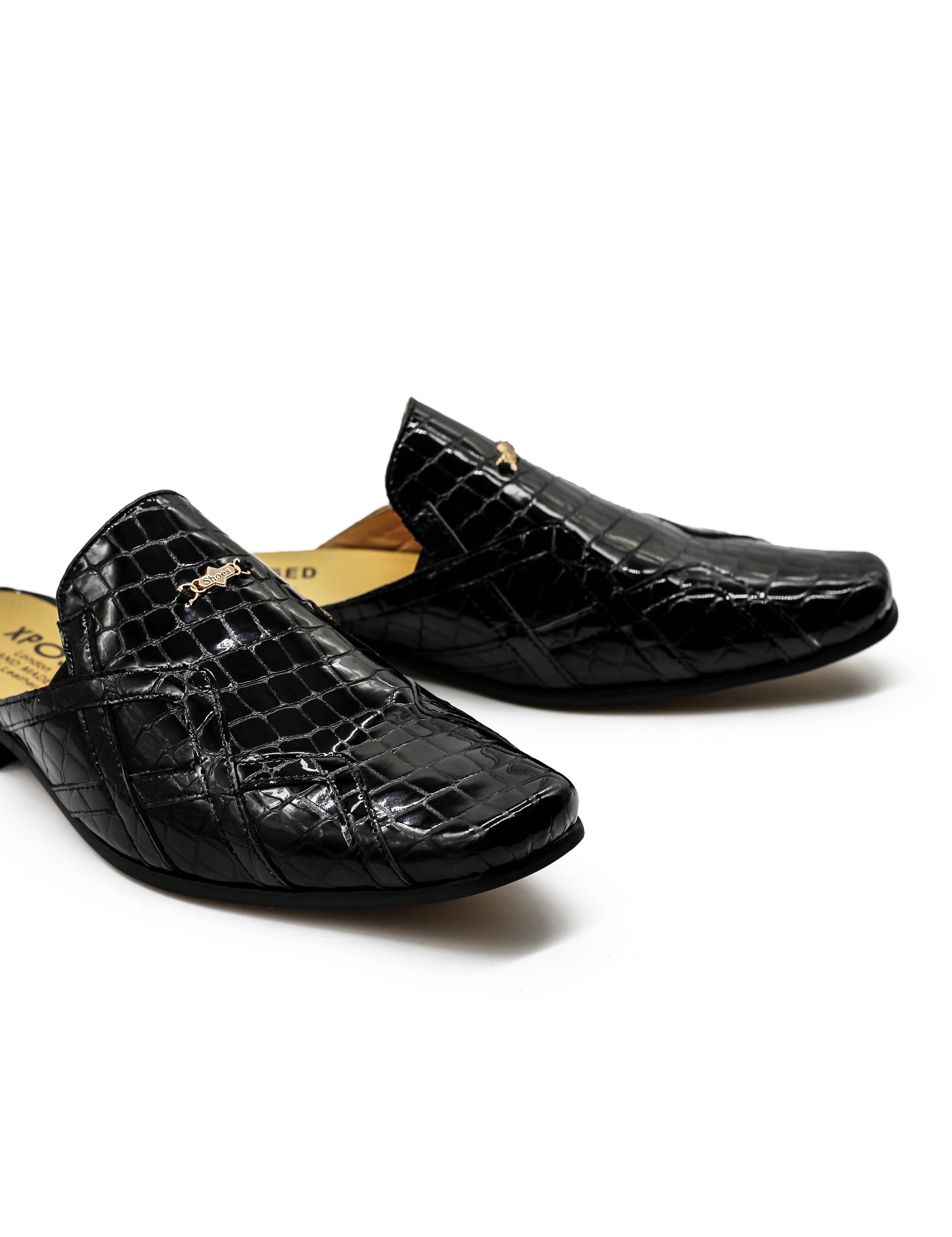 Black Shiny Patent Real Leather Printed Half Shoes