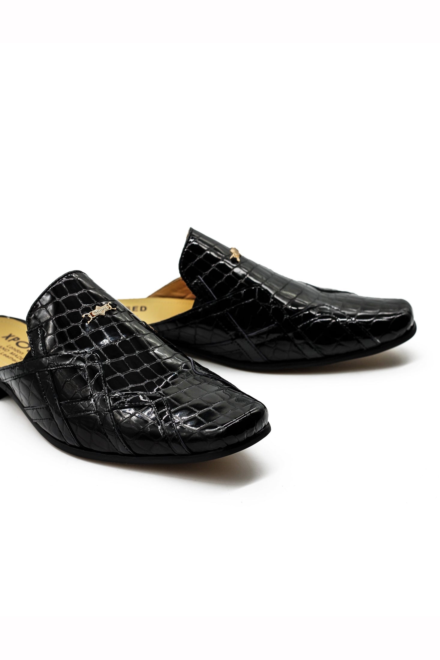 Black Shiny Patent Real Leather Printed Half Shoes