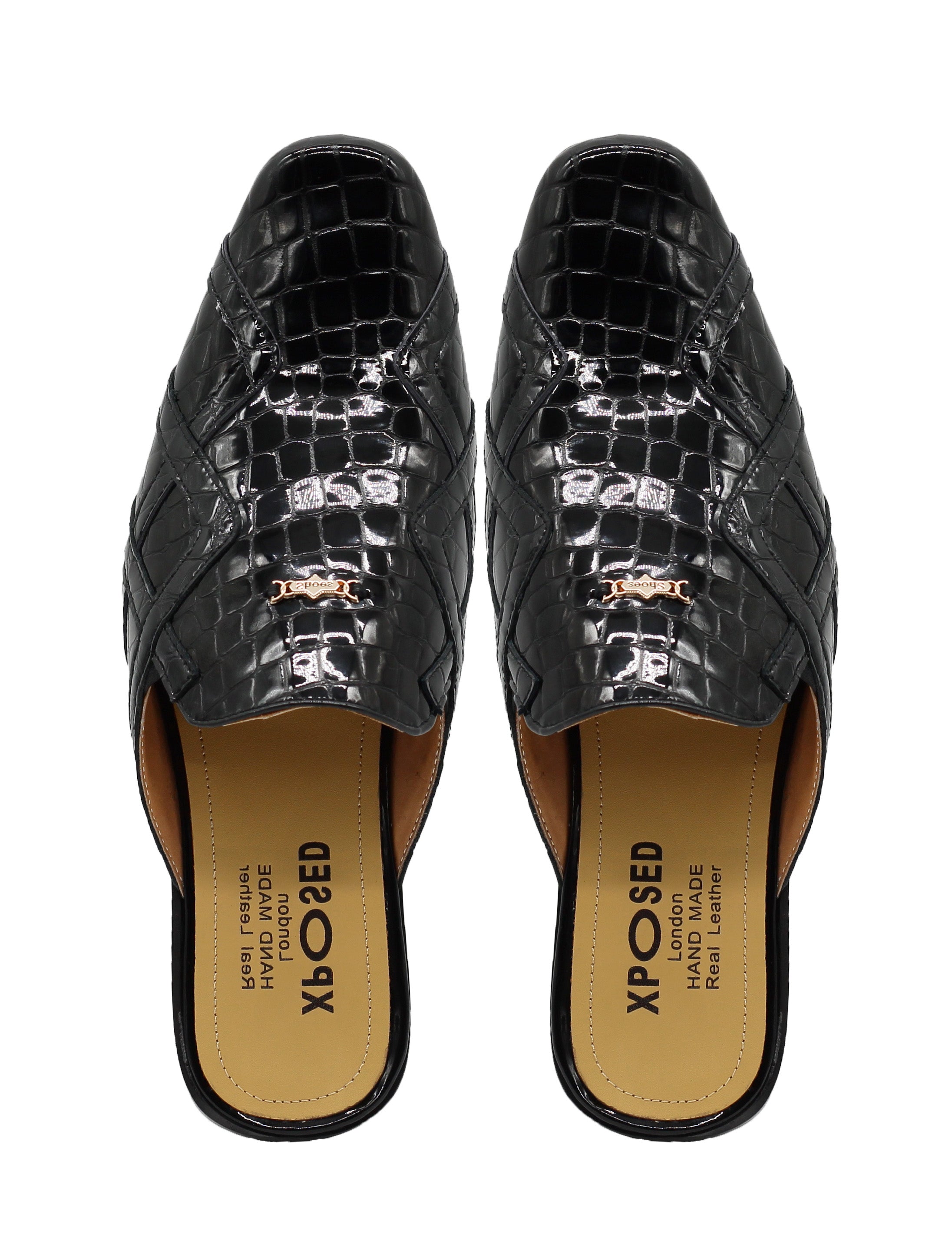Black Shiny Patent Real Leather Printed Half Shoes