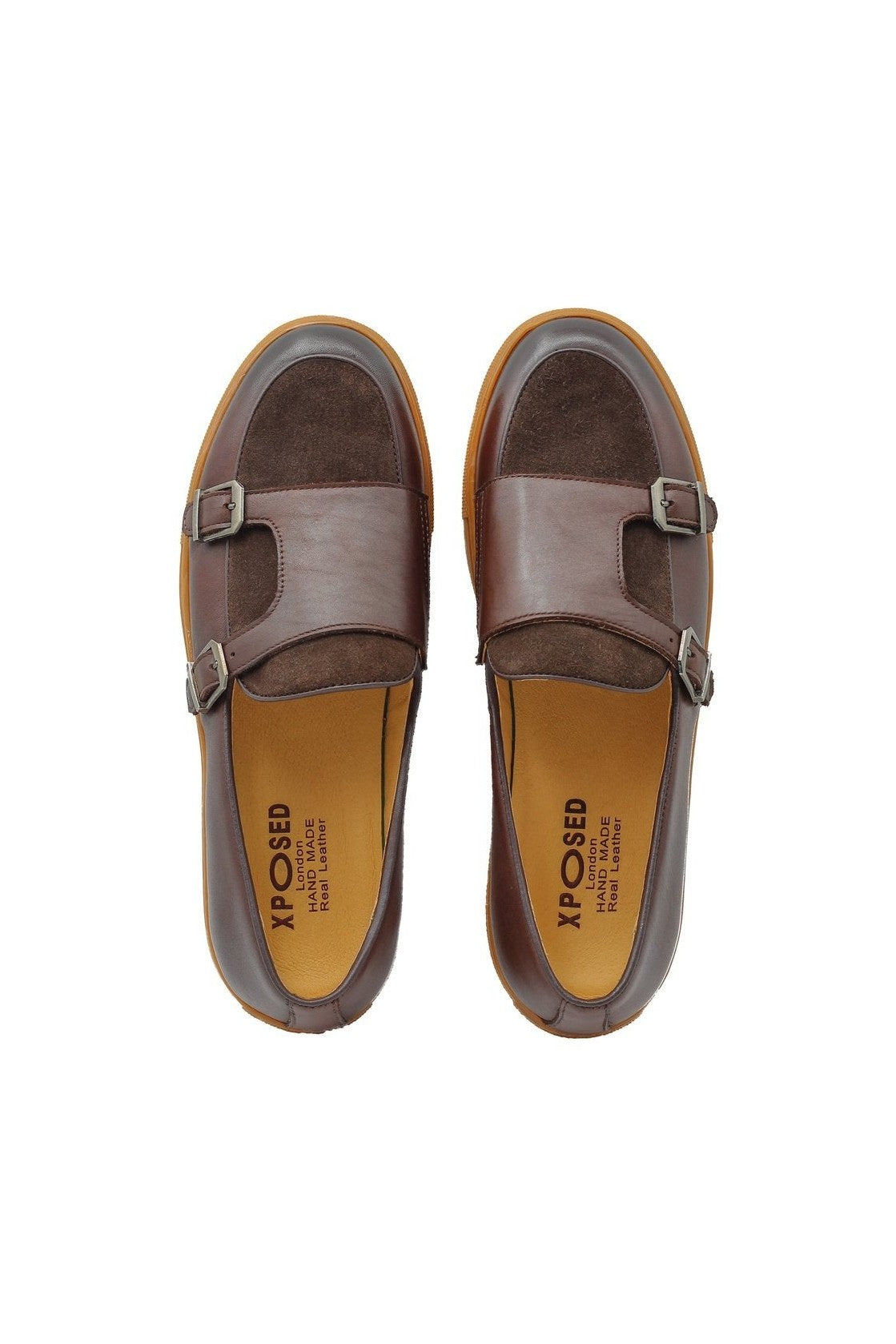 BROWN LEATHER & SUEDE DOUBLE MONK SNEAKERS