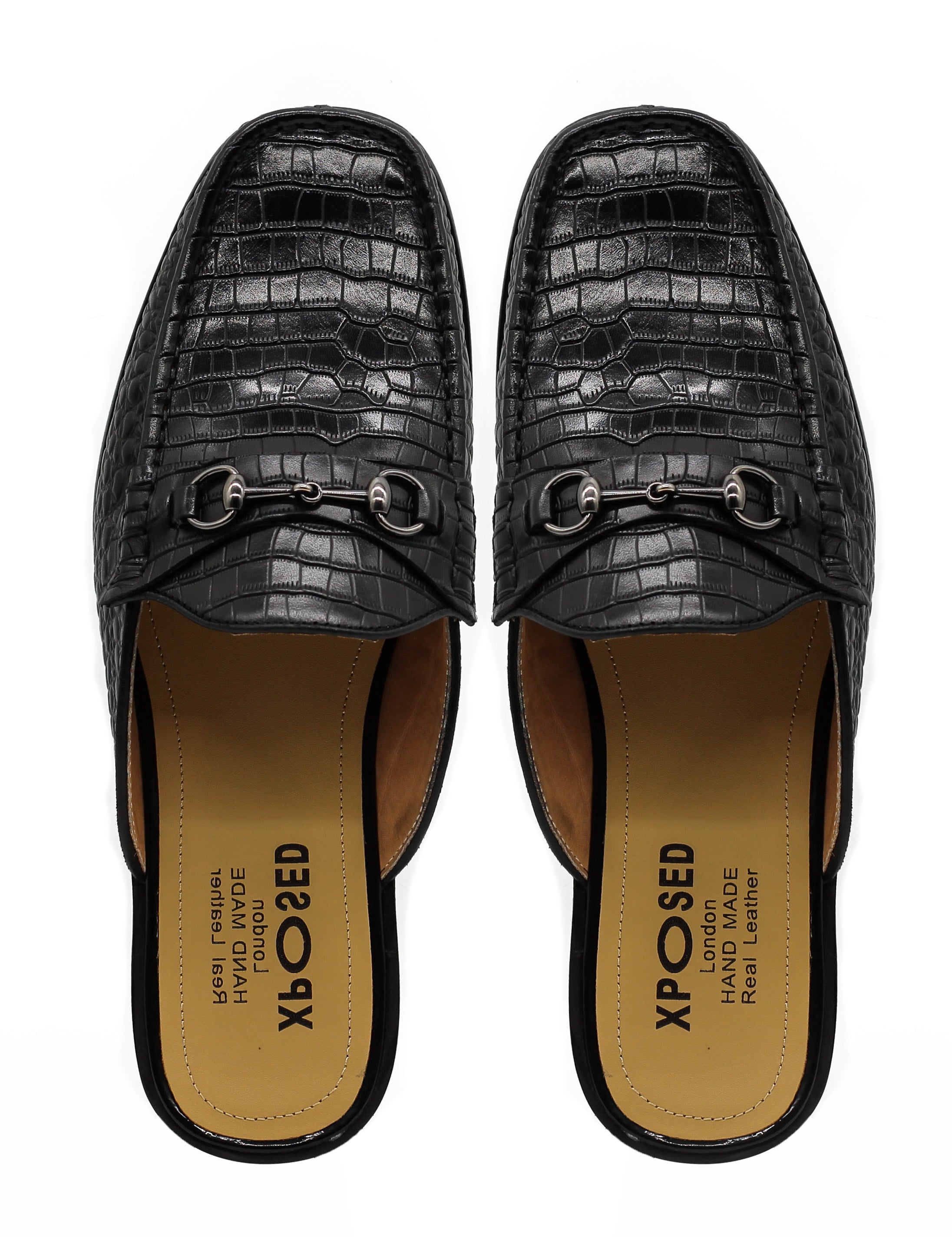 Black Leather Backless Mules Half Shoes