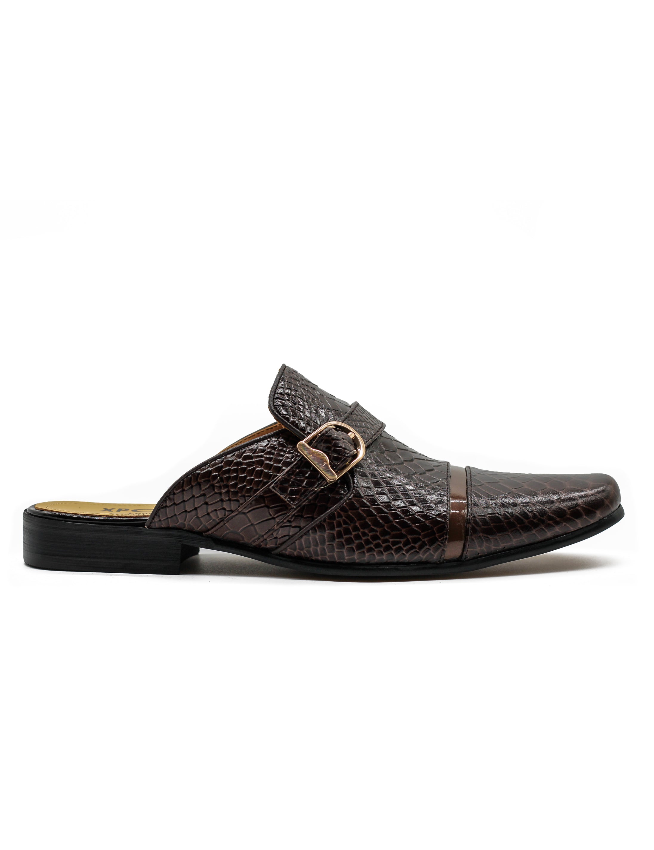 Brown Real Leather Shiny Print Half Shoes – Gold Buckle Detail