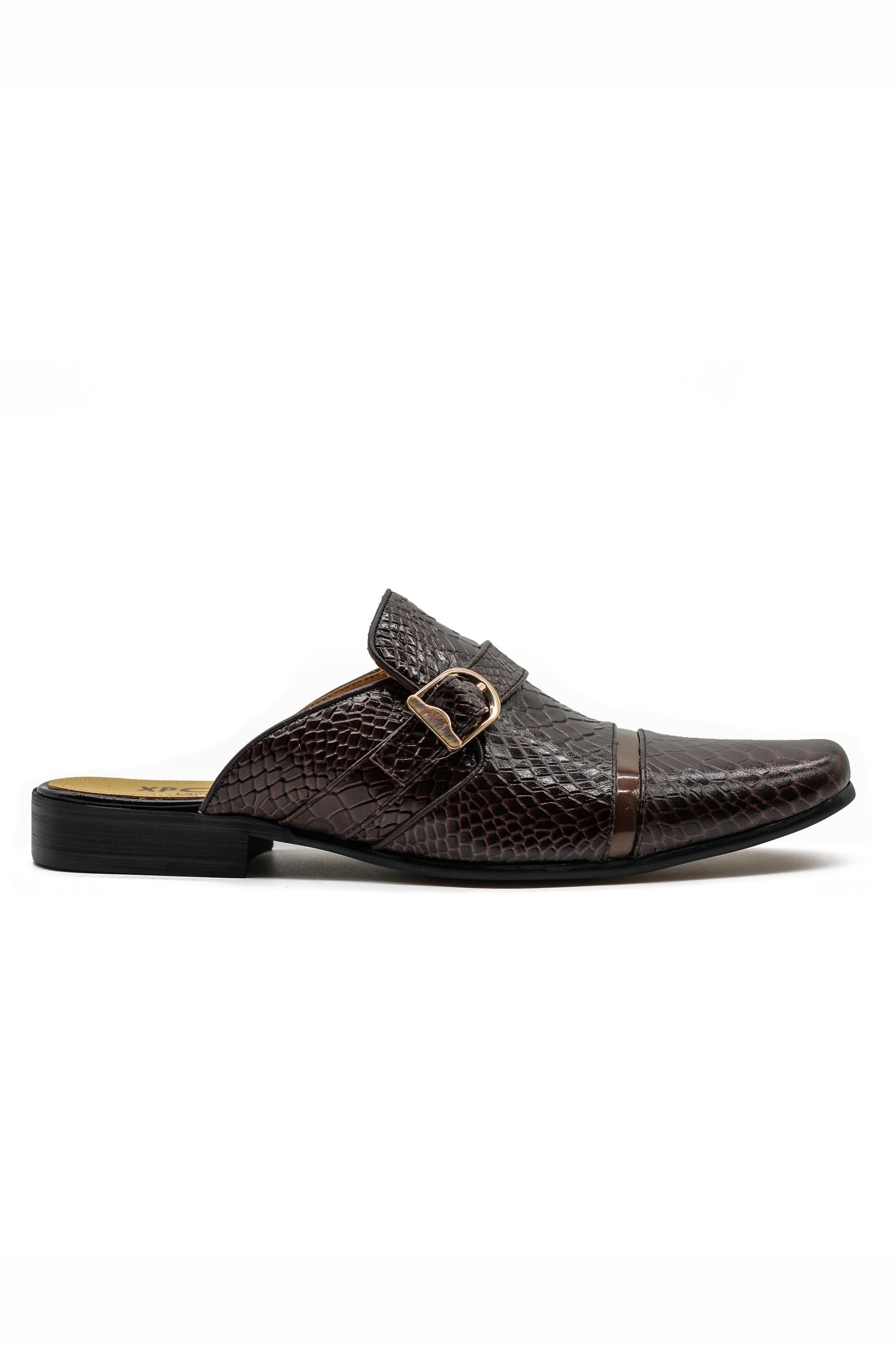 Brown Real Leather Shiny Print Half Shoes – Gold Buckle Detail