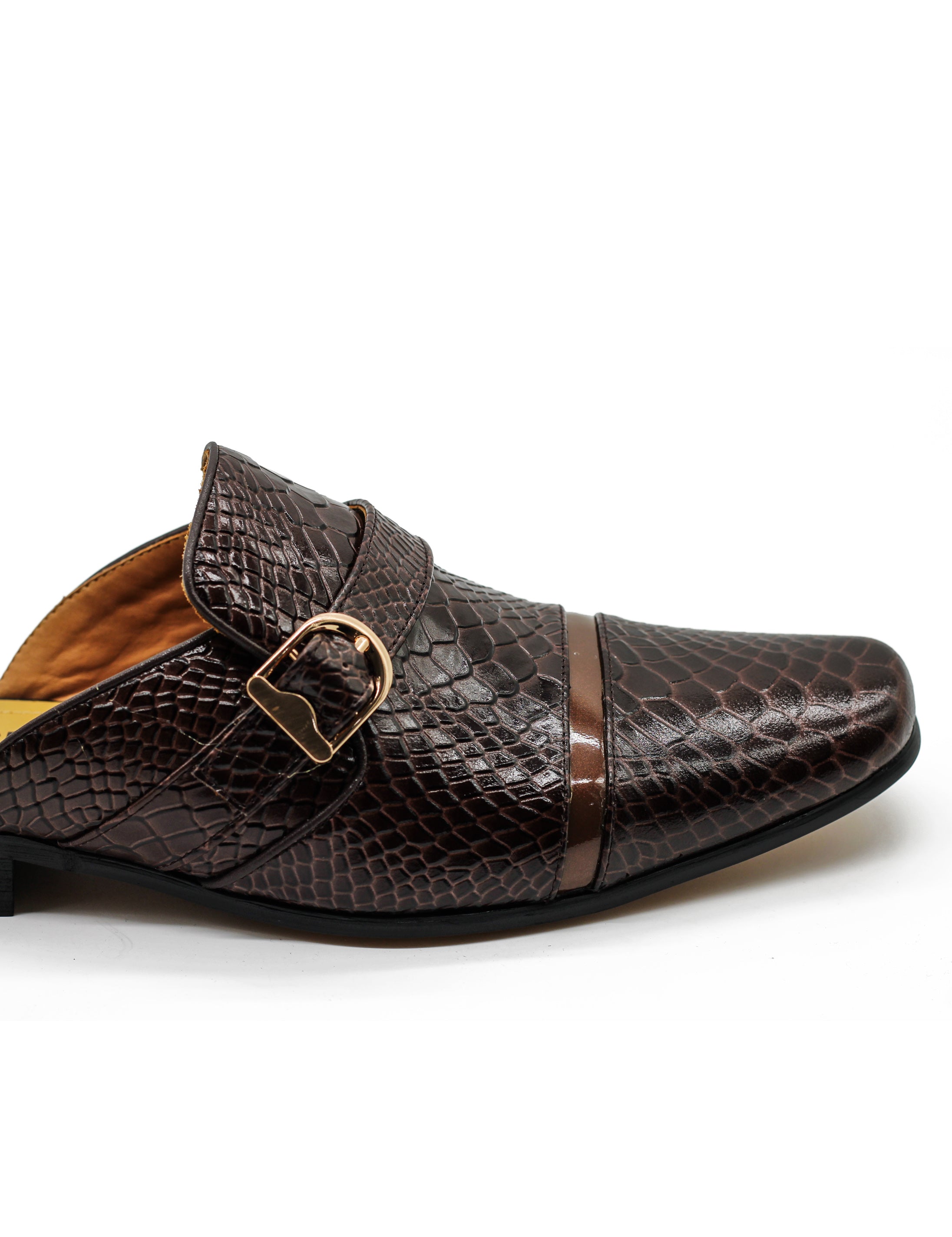 Brown Real Leather Shiny Print Half Shoes – Gold Buckle Detail