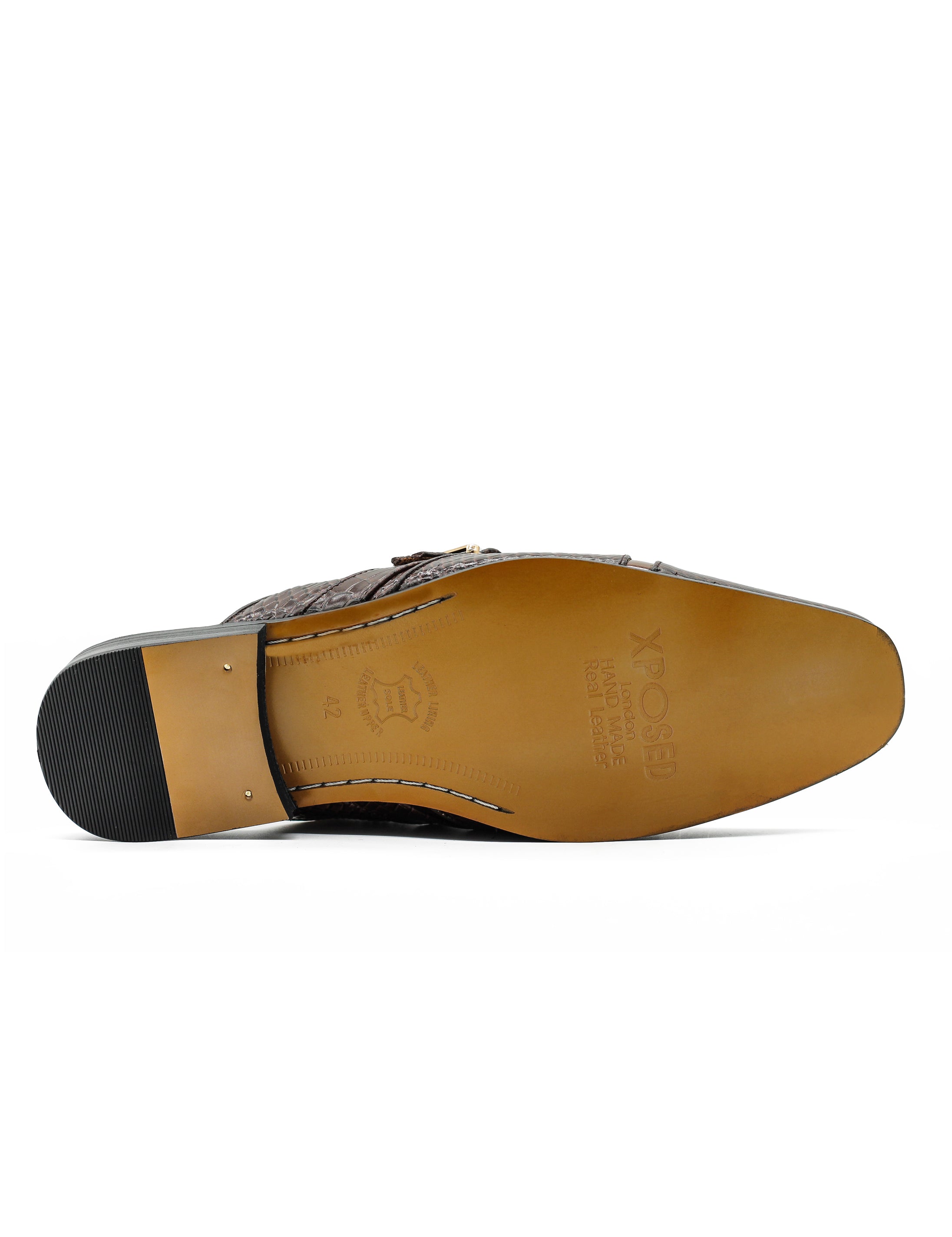 Brown Real Leather Shiny Print Half Shoes – Gold Buckle Detail